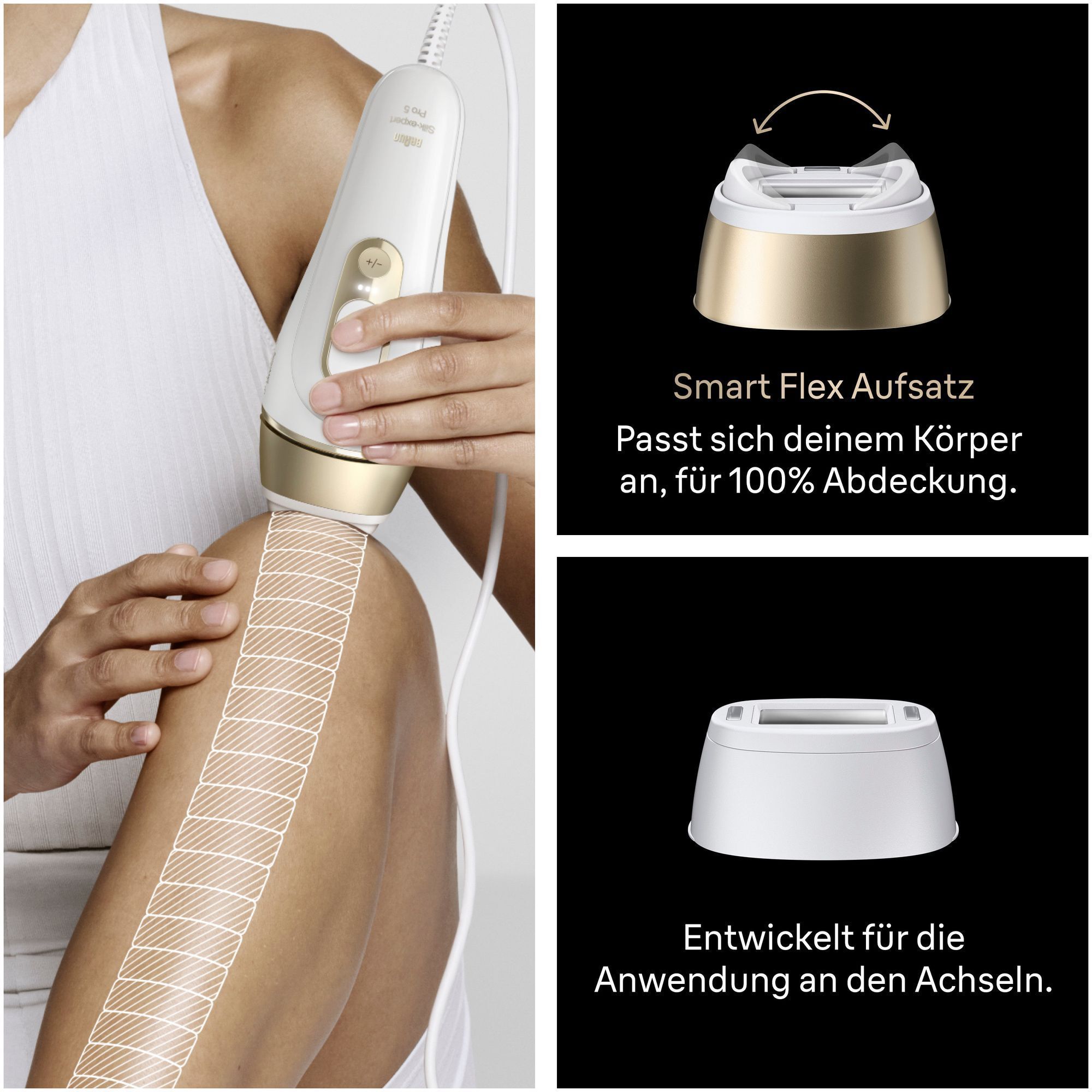 1. Eine Frau verwendet den Smart Flex Aufsatz an ihrem Knie.  2. Smart Flex Aufsatz.  3. Breiter Aufsatz.