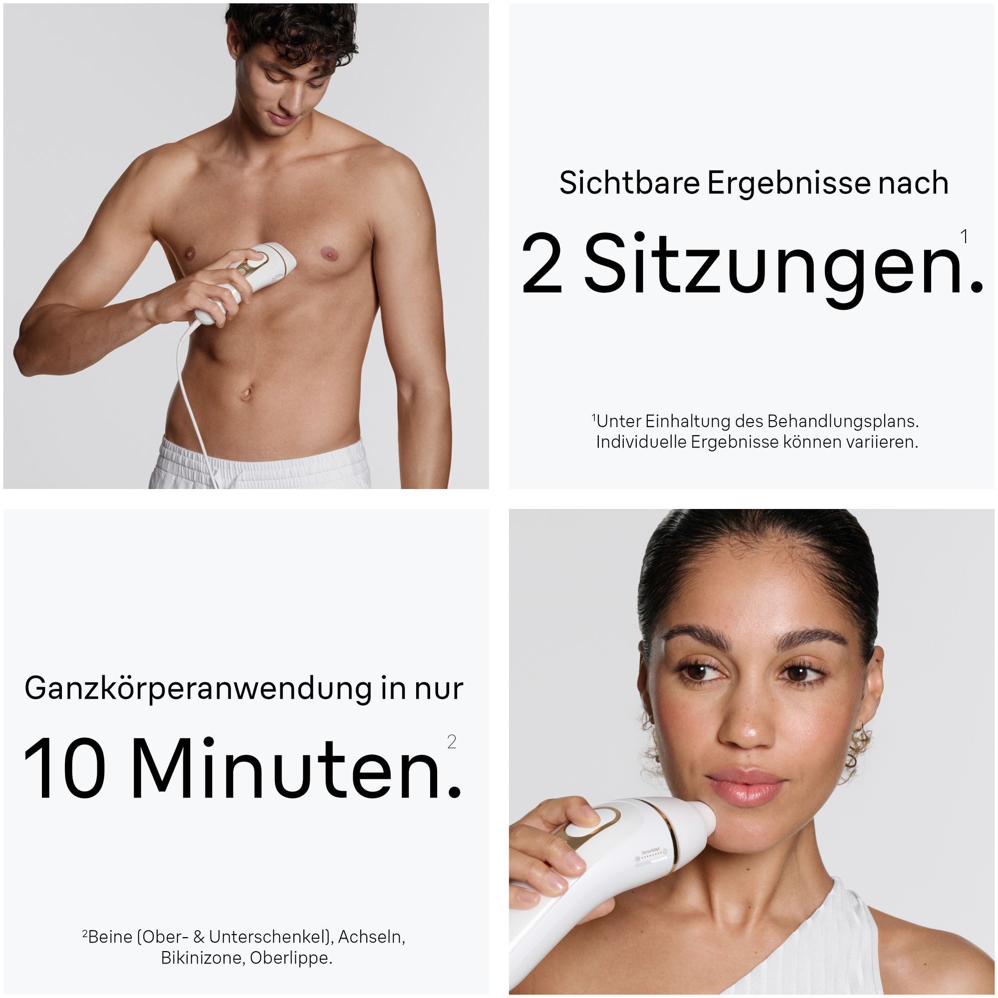 1. Ein Mann verwendet den Braun Silk·expert Pro 5 auf seiner Brust. 2. Eine Frau verwendet den Braun Silk·expert Pro 5 im Gesicht.