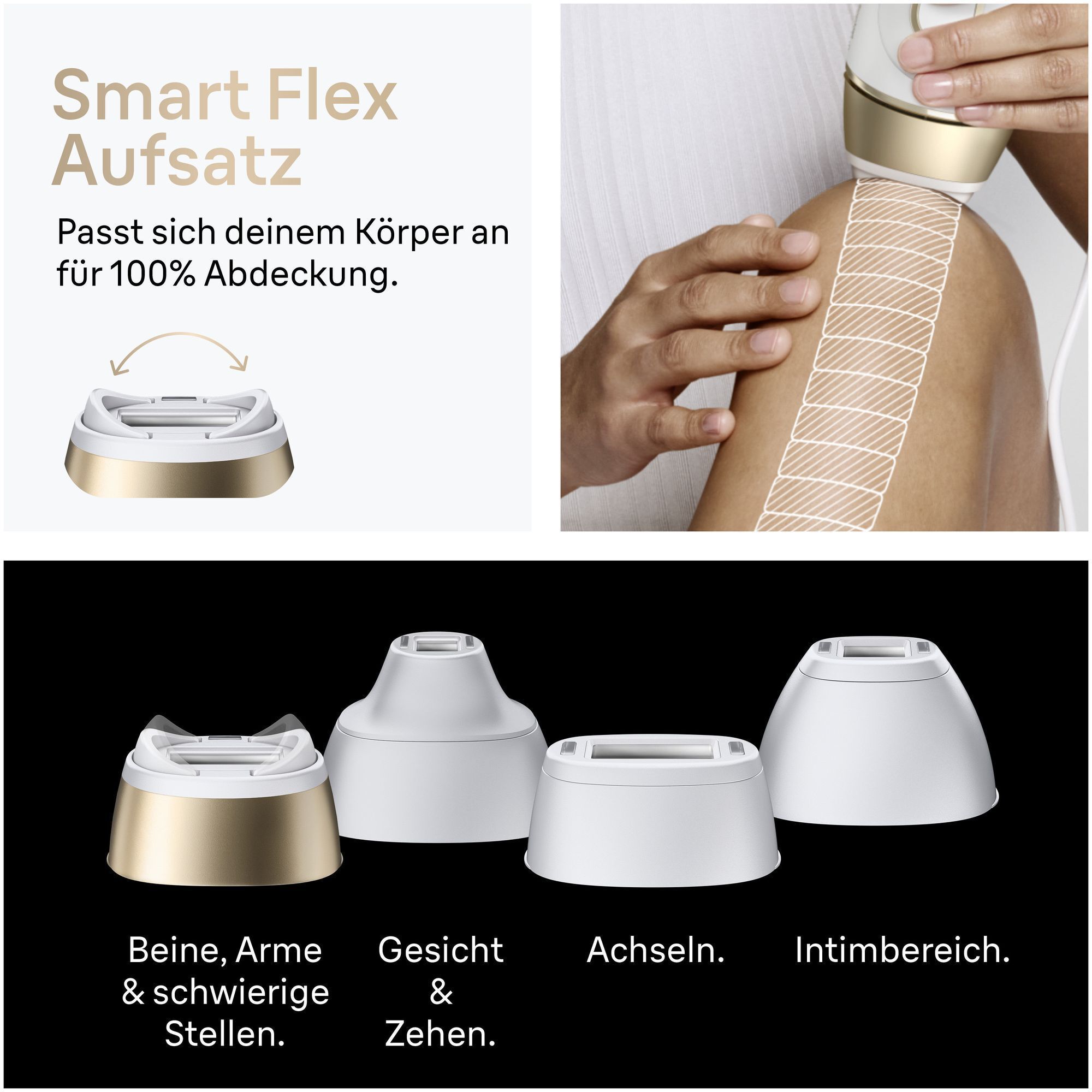 1. Nahaufnahme des neuen Smart Flex Aufsatzes. 2. Eine Frau verwendet den neuen Aufsatz an ihrem Knie. 3. Verschiedene Braun Silk·expert Pro 5 Aufsätze.