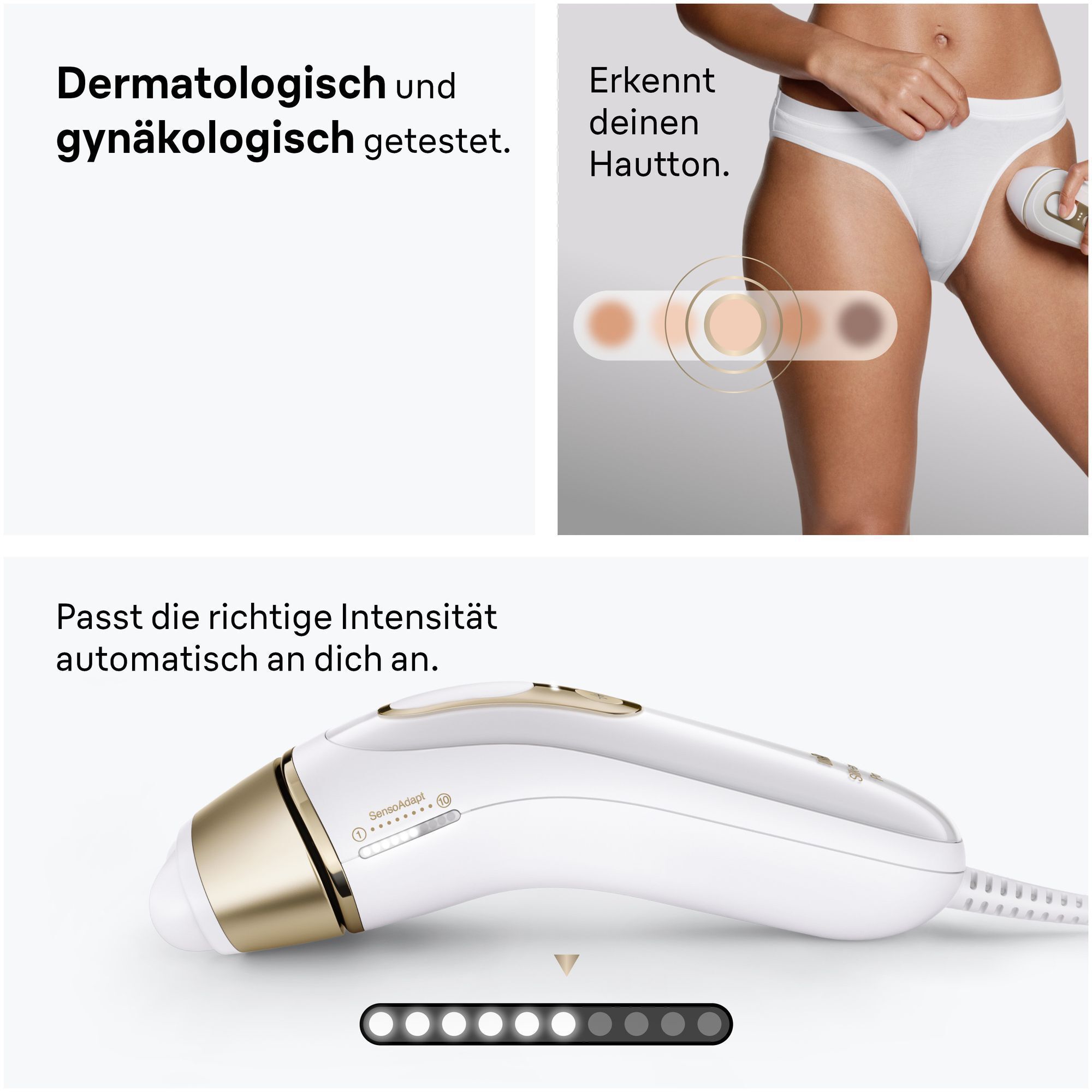 1. Eine Frau verwendet den Braun Silk·expert Pro 5 in ihrem Intimbereich mit der Grafik des Smart SkinProtect Sensors. 2. Seitenansicht des Geräts.