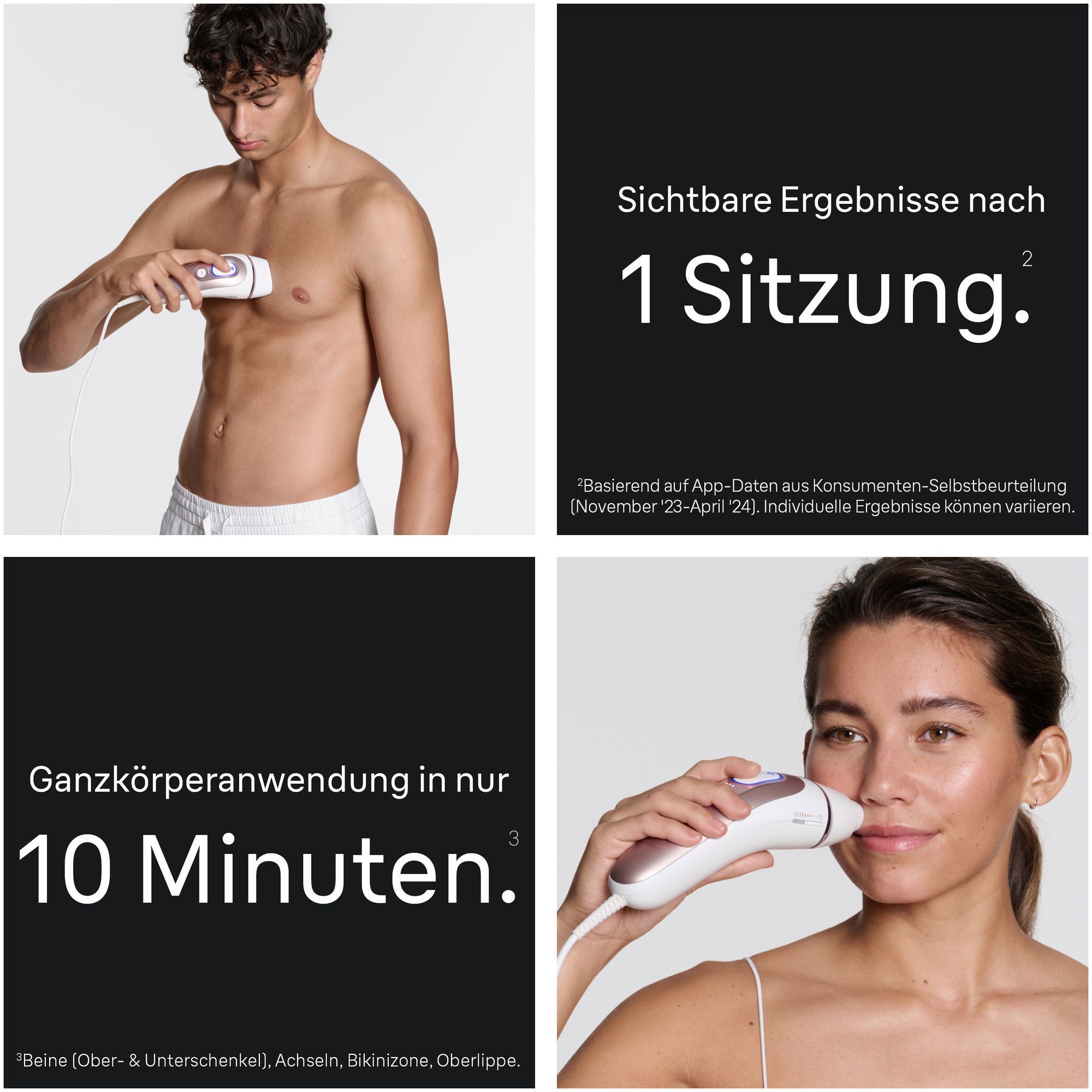1. Eine Frau benutzt den Braun Skin iÂ·expert an ihrer Achsel.2. Vorher- und Nachher-Bilder der Achsel, die die Haarreduktion zeigen.