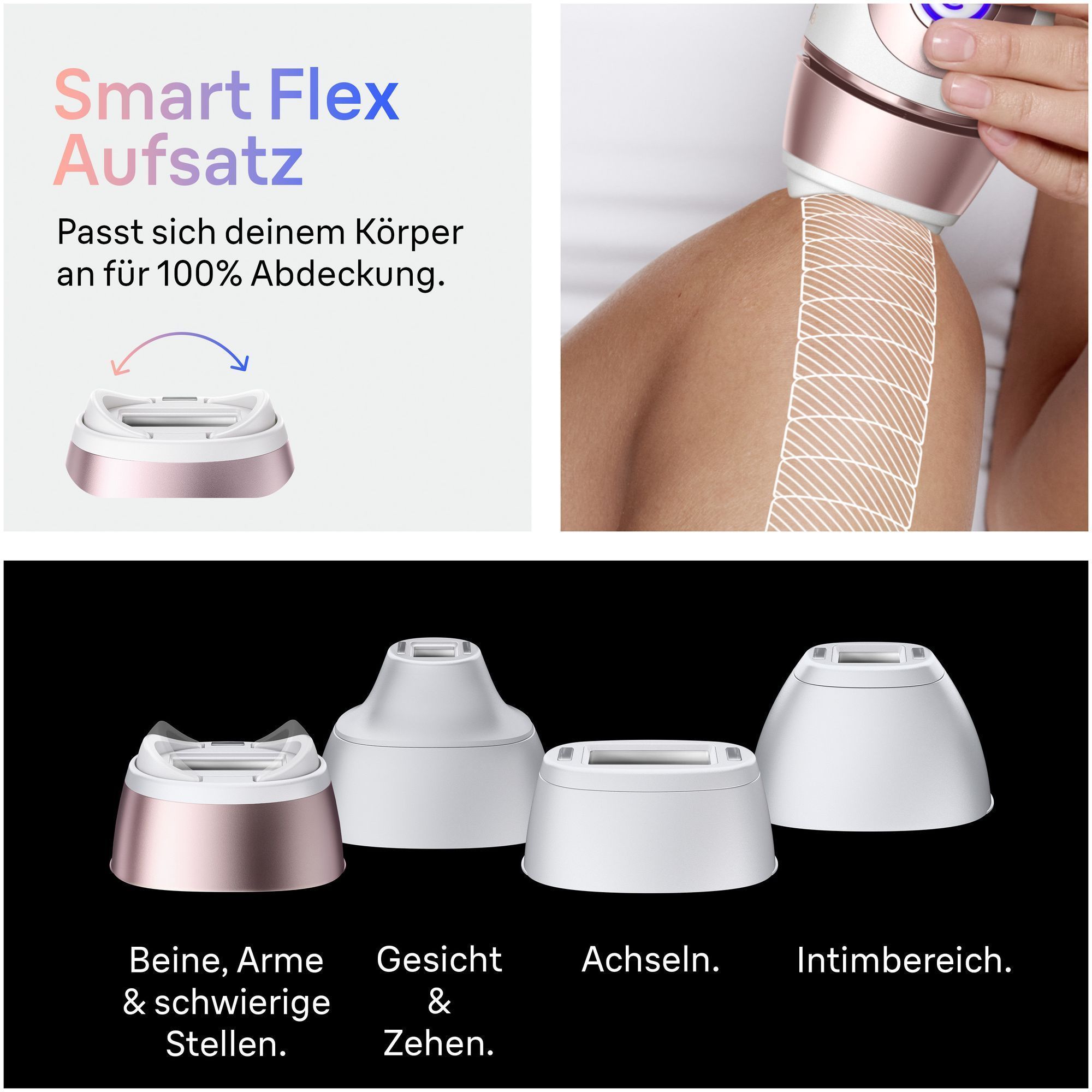 1. Eine Frau verwendet den Braun Skin iÂ·expert in ihrem Intimbereich mit der Grafik des Smart SkinProtect Sensors.  2. Seitenansicht des GerÃ¤ts.