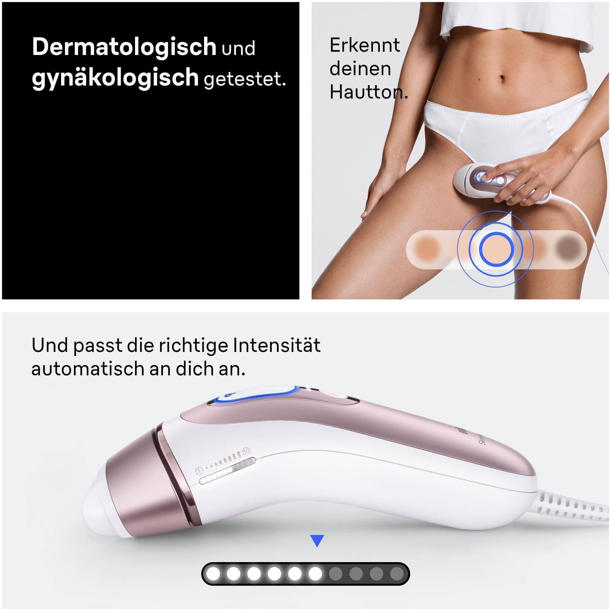 Ãbersicht Ã¼ber geeignete und ungeeignete Haut- und Haarfarben fÃ¼r den Braun Skin iÂ·expert. QR-Code.
