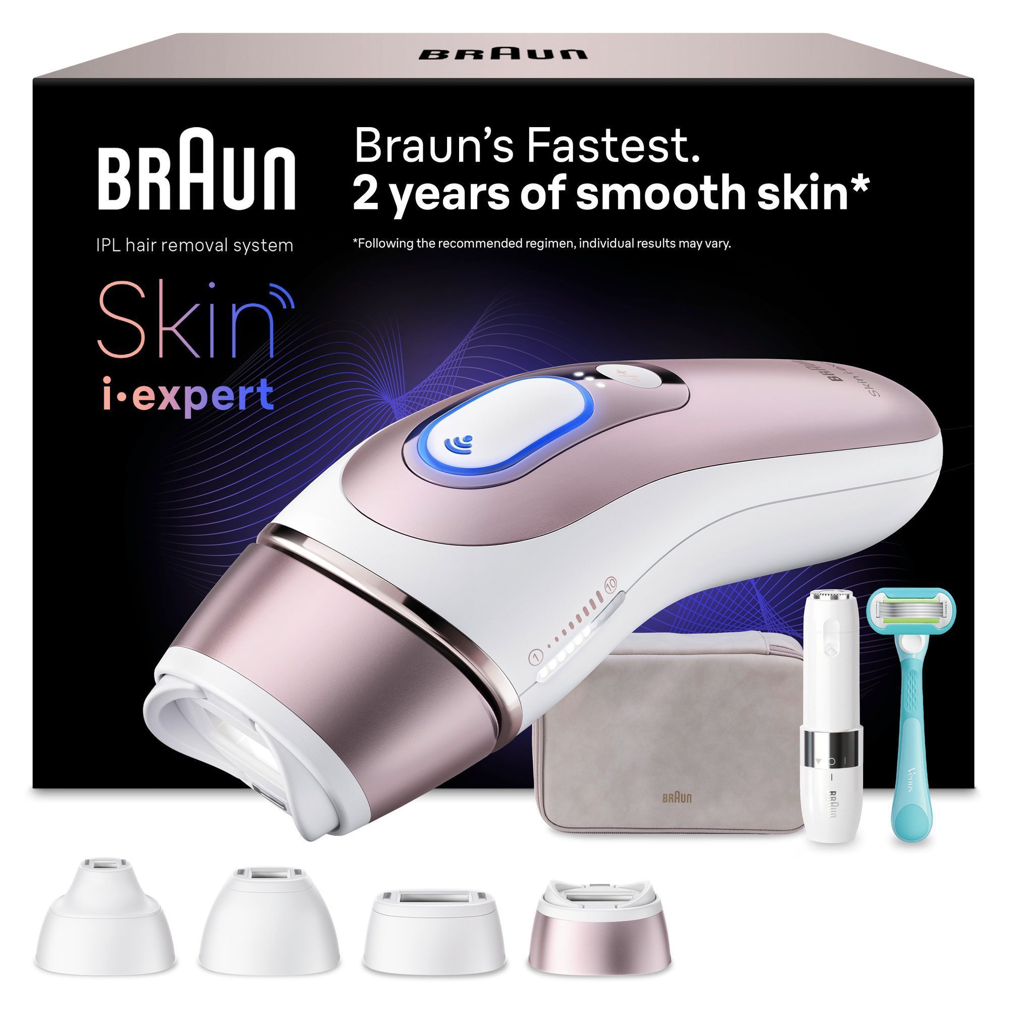 Skin iÂ·expert out of packaging with mauve pouch, SmartFlex, intimate, mini precision and standard head, Venus razor and Mini Face Hair Remover.