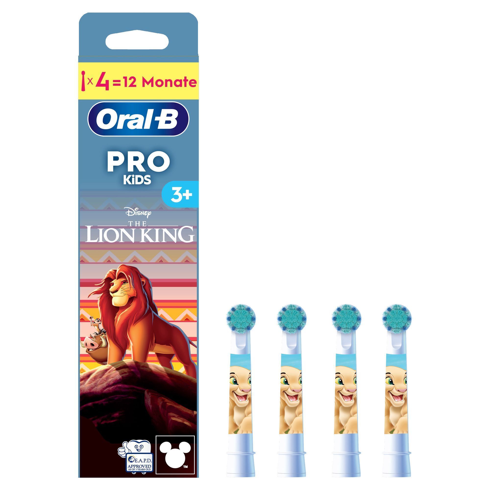 Image showing Oral-B Pro Kids Lion King refills. On the left is the pack with the "3 plus" icon as well as the EAPD approved and Disney logos. It also includes a banner highlighting the number of brush heads in pack is 4 and this will last for 12 months. On the right is the pack contents showing 4 Lion King refill brush heads
