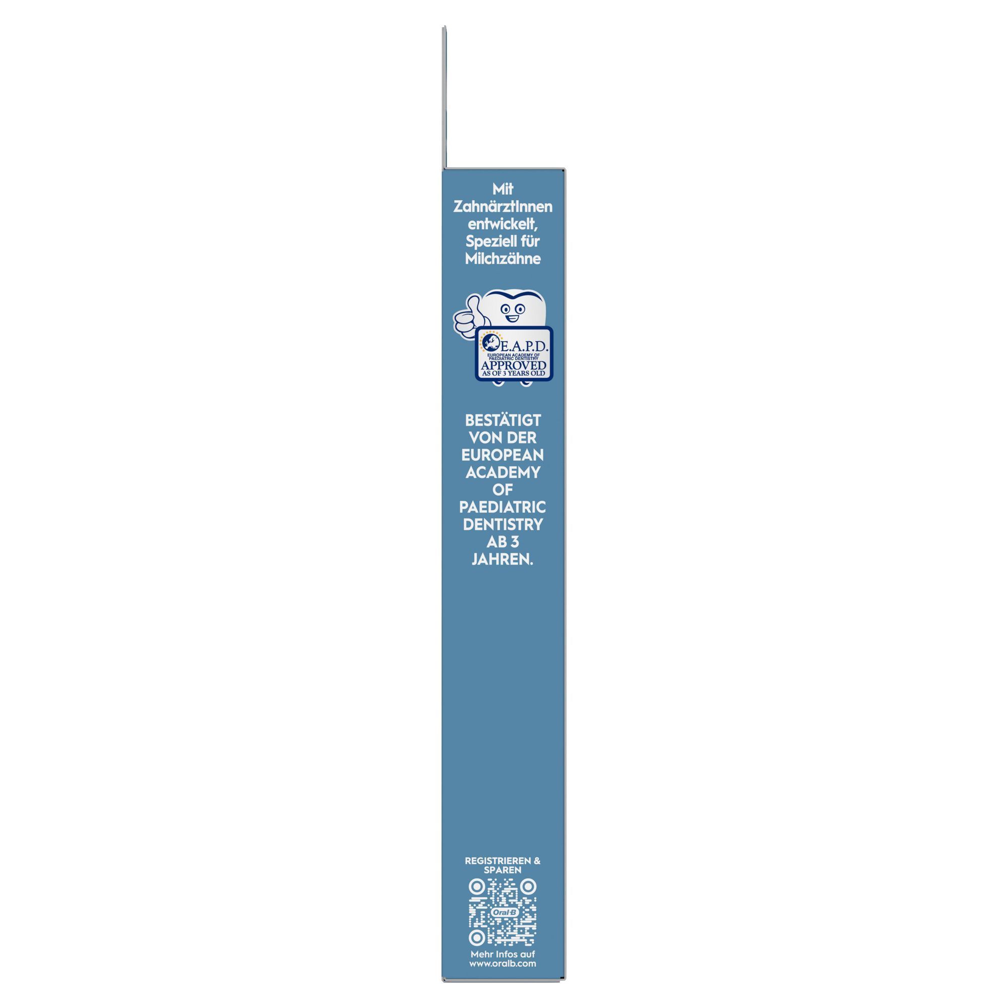 Oral-B Verpackung mit dem Hinweis "Mit Zahnärztinnen entwickelt, Speziell für Milchzähne".