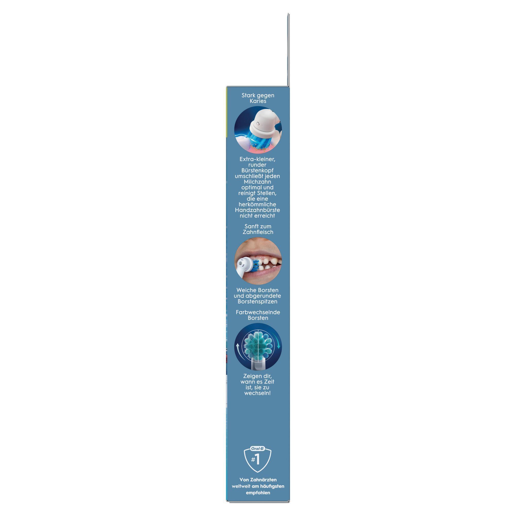 Oral-B Verpackung mit dem Hinweis auf einen extra-kleinen, runden Bürstenkopf für schwer erreichbare Stellen.