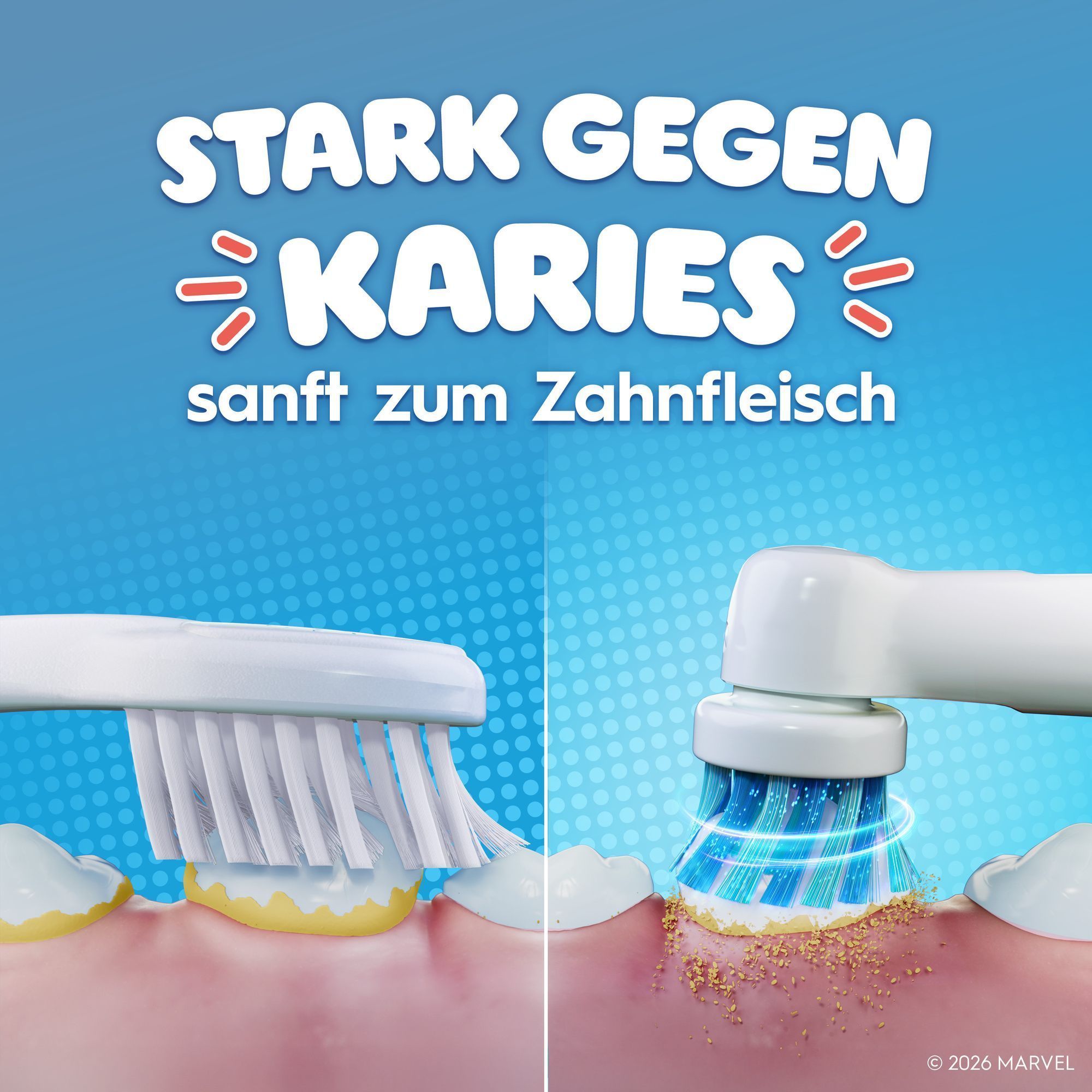 Vergleich einer HandzahnbÃ¼rste ggÃ¼. einer elektrischen ZahnbÃ¼rste. Die elektrische ZahnbÃ¼rste ist stark gegen Karies und sanft zum Zahnfleisch