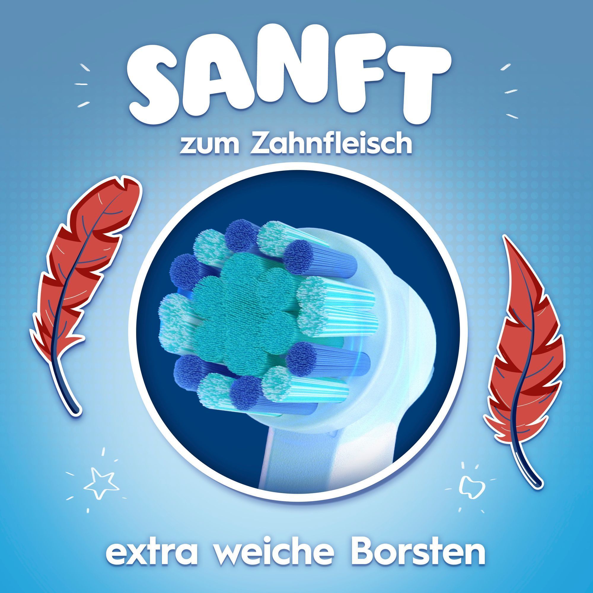 Abbildung eines BÃ¼rstenkopfs mit Feder-Symbolen, die die Sanftheit betonen.