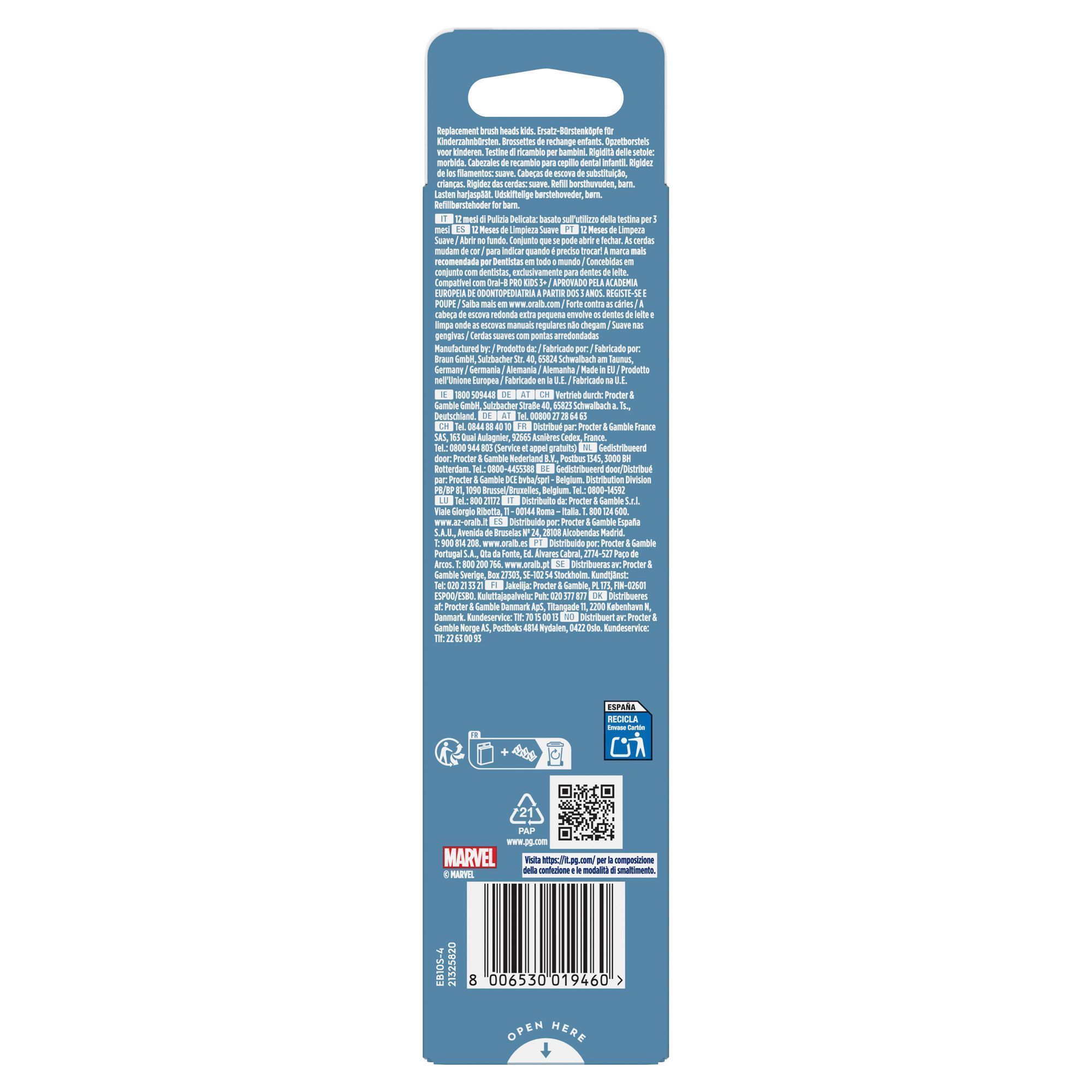 Oral-B PRO Kids Aufsteckbürsten Verpackung, die mit Zahnärzten entwickelt wurde, für sanfte Reinigung und kompatibel mit Oral-B PRO Kids 3+.