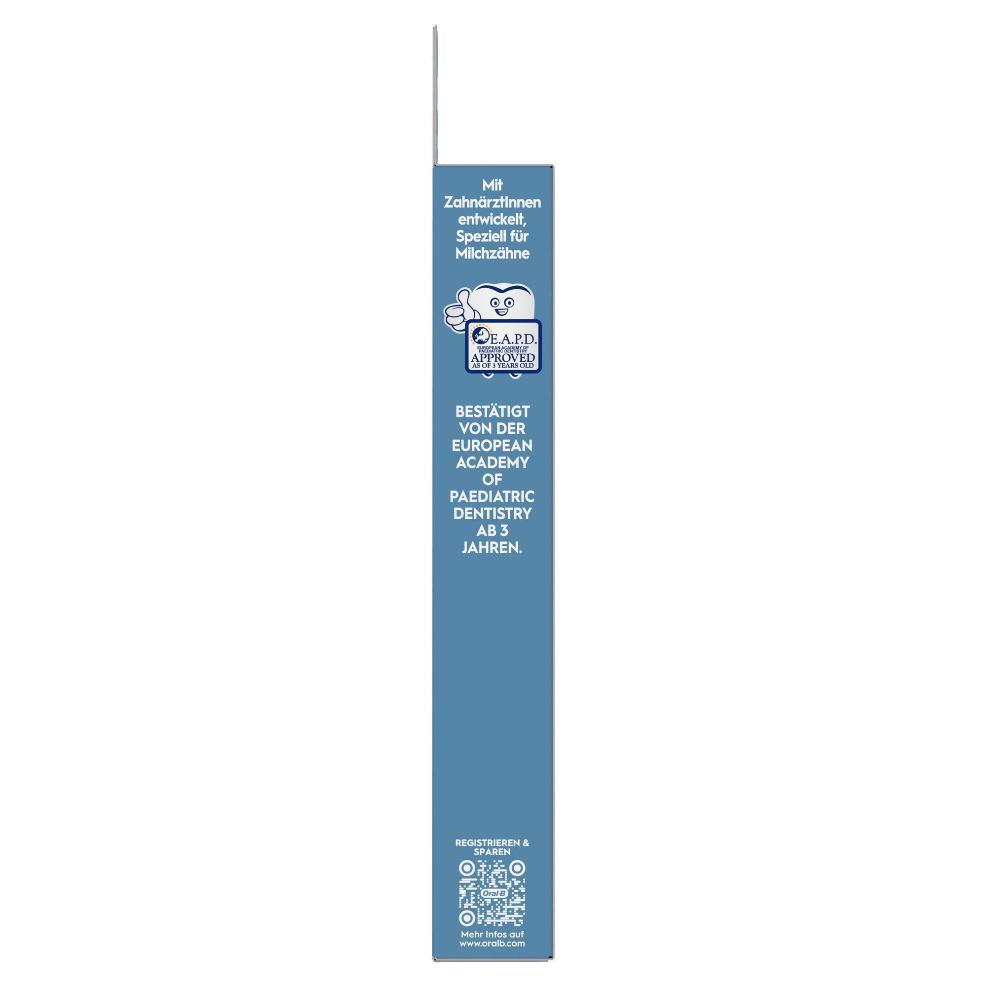 Oral-B Verpackung mit dem Hinweis "Mit Zahnärztinnen entwickelt, speziell für Milchzähne" und Bestätigung durch die European Academy of Paediatric Dentistry ab 3 Jahren.