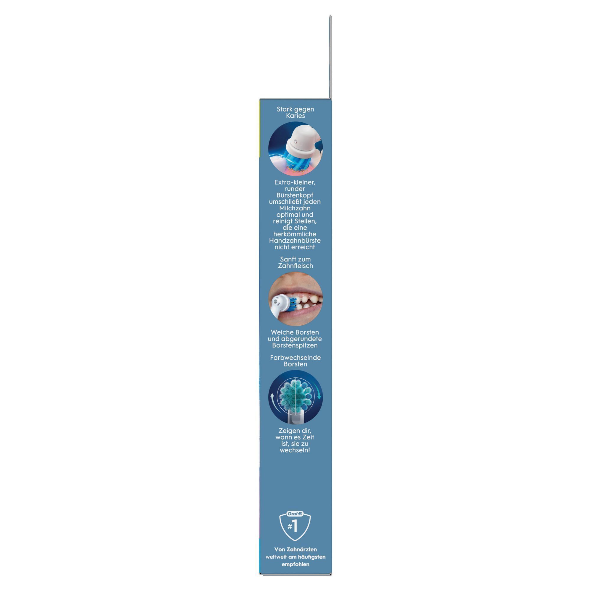Oral-B Verpackung, die einen extra-kleinen, runden Bürstenkopf hervorhebt, der jeden Milchzahn optimal umschließt und reinigt.
