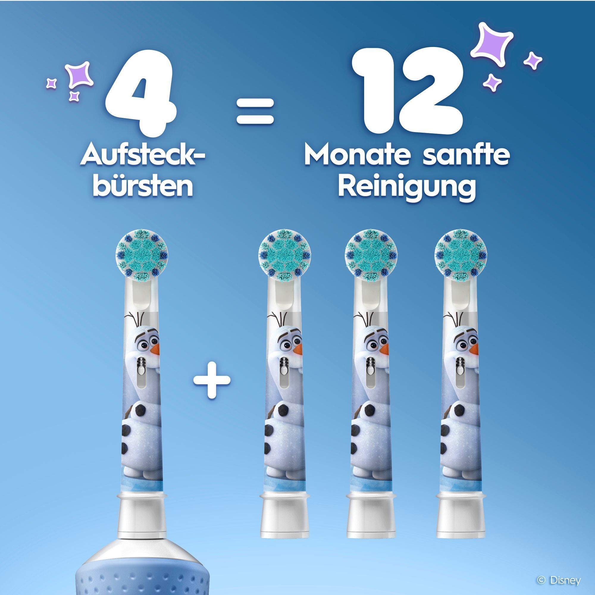 Zahnbürste mit Aufsteckbürste + 3 Aufsteckbürsten daneben.
