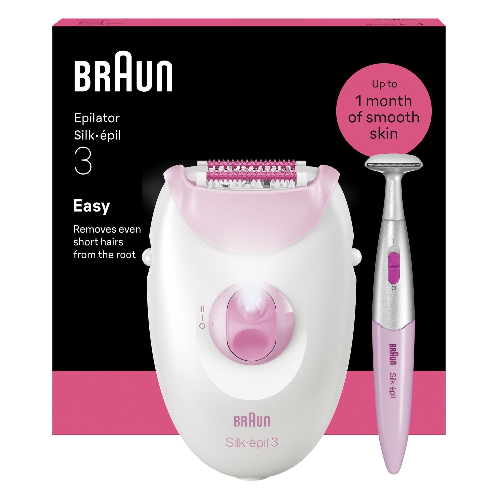 Front view product rendering of Silk-Ã©pil 3 and bikini trimmer with Packaging shot behind rendering on white background.