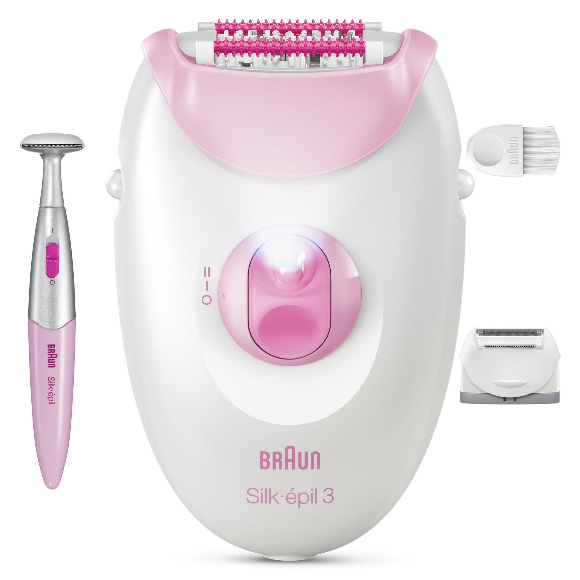 Front view product rendering of Silk-Ã©pil 3 with bikini trimmer and cleaning brush next to the rendering on white background.