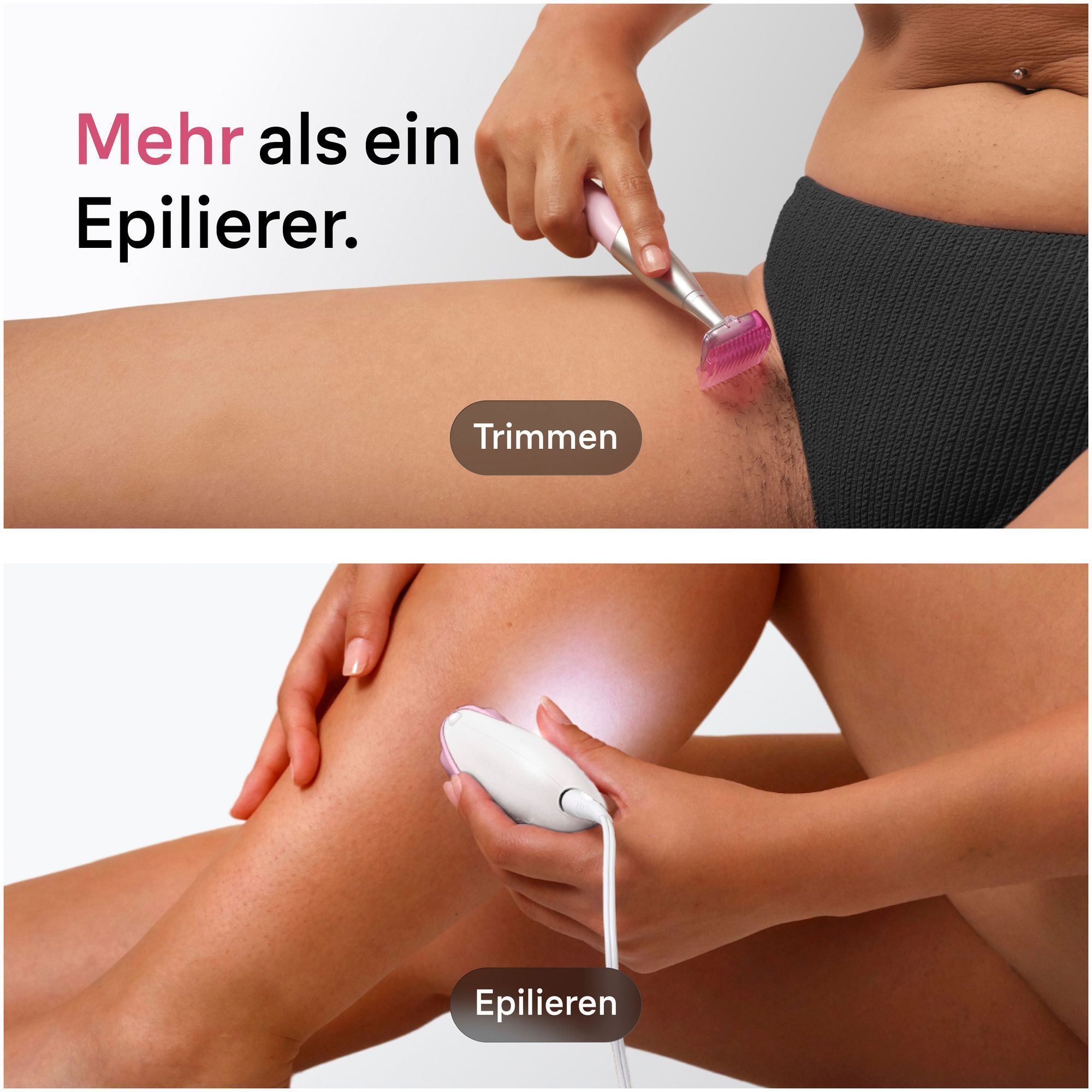 1. Frau, die einen Bikini-Trimmer im Bikinibereich verwendet, und 2. den Epilierer am Unterschenkel.