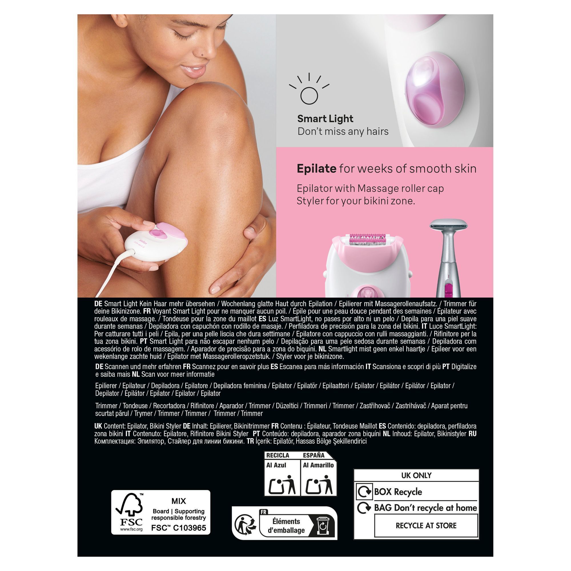 Back panel of Braun Silk-Ã©pil 3 pack with image of a woman using the epilator and images featuring SmartLight, massage roller cap and bikini styler.