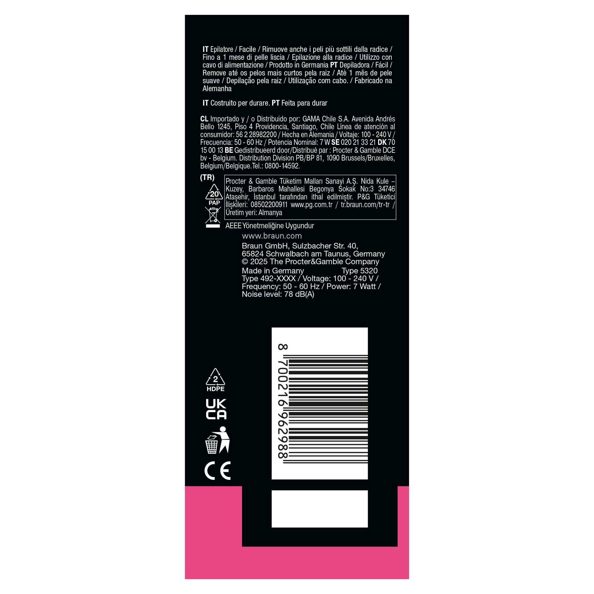 Side panel of Braun Silk-Ã©pil 3 pack with manufacturer address.