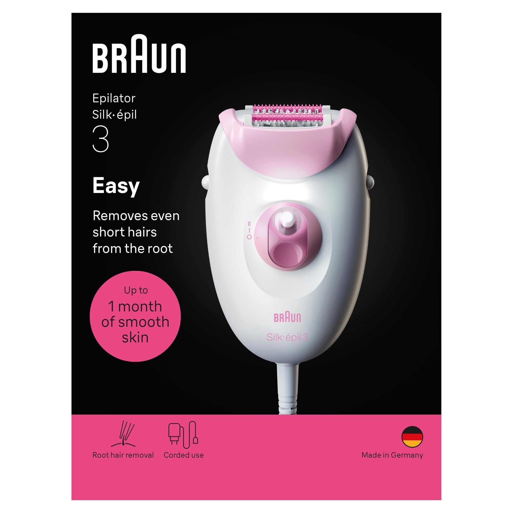 Front-view of Braun Silk-Ã©pil 3 pack with claim "Easy. Removes even short hairs from the root"
