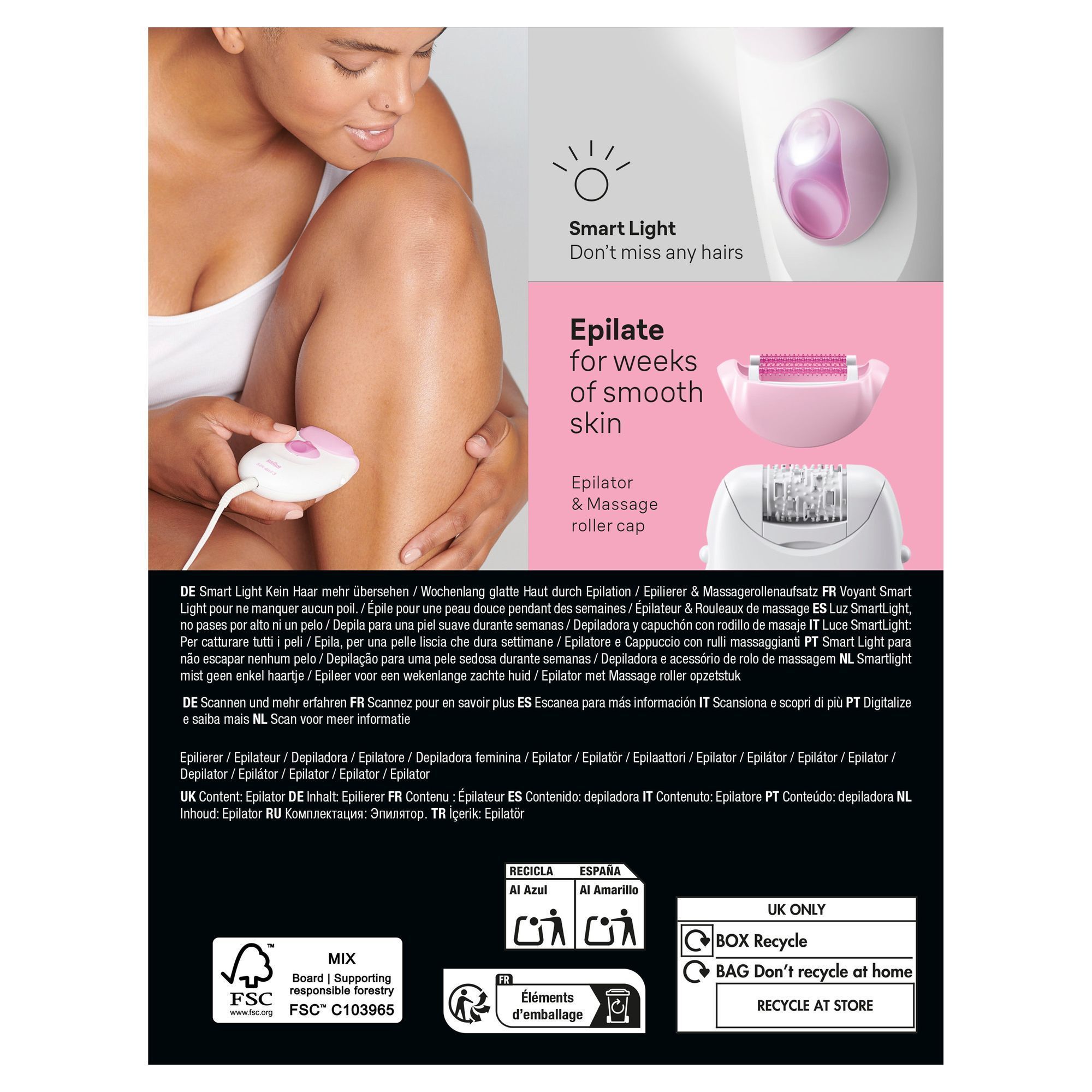 Back panel of Braun Silk-Ã©pil 3 pack with image of a woman using the epilator and images featuring SmartLight and massage roller cap.