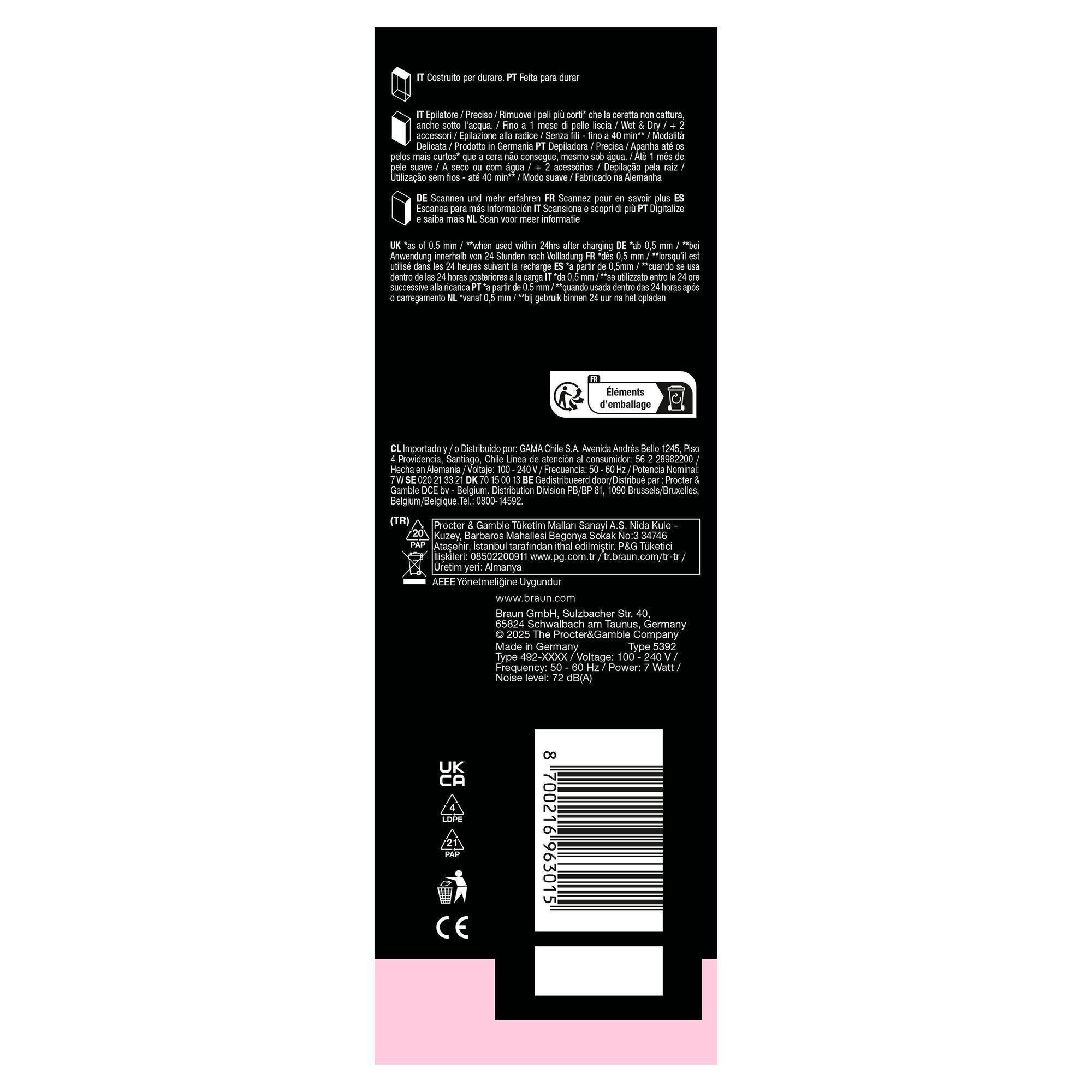 Side panel of Braun Silk-Ã©pil 5 pack with manufacturer address.