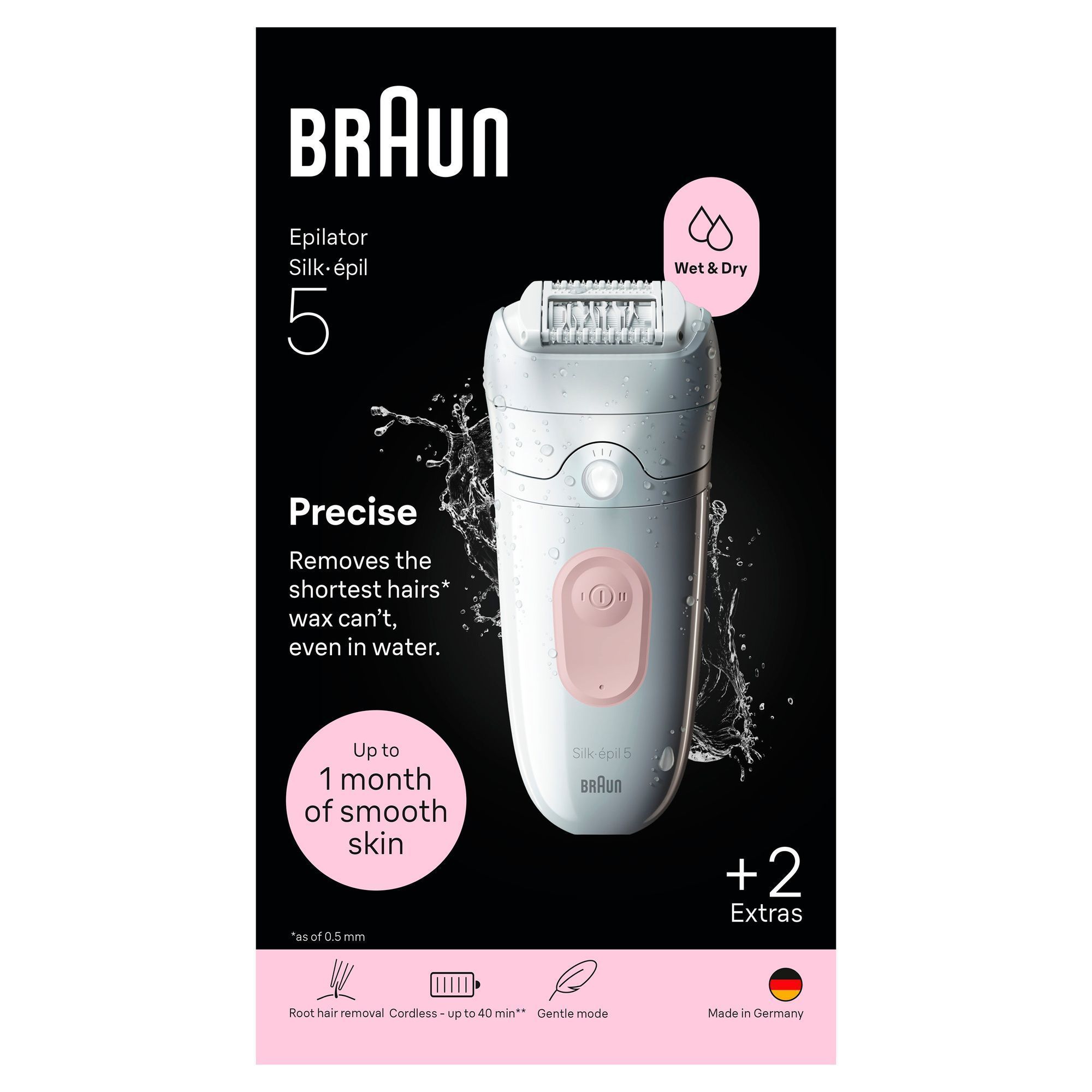 Front-view of Braun Silk-Ã©pil 5 pack with claim "Precise. Removes the shortest hairs wax can't even in water."