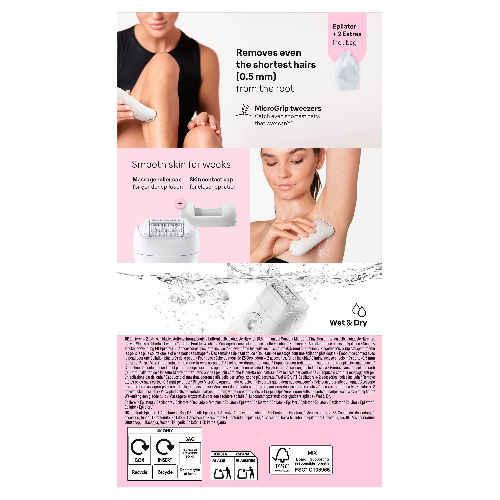 Back panel of the Braunâ¯SilkâÃ©pil 5 pack, featuring images of women using the epilator and showcasing all of the SilkâÃ©pil 5's features.