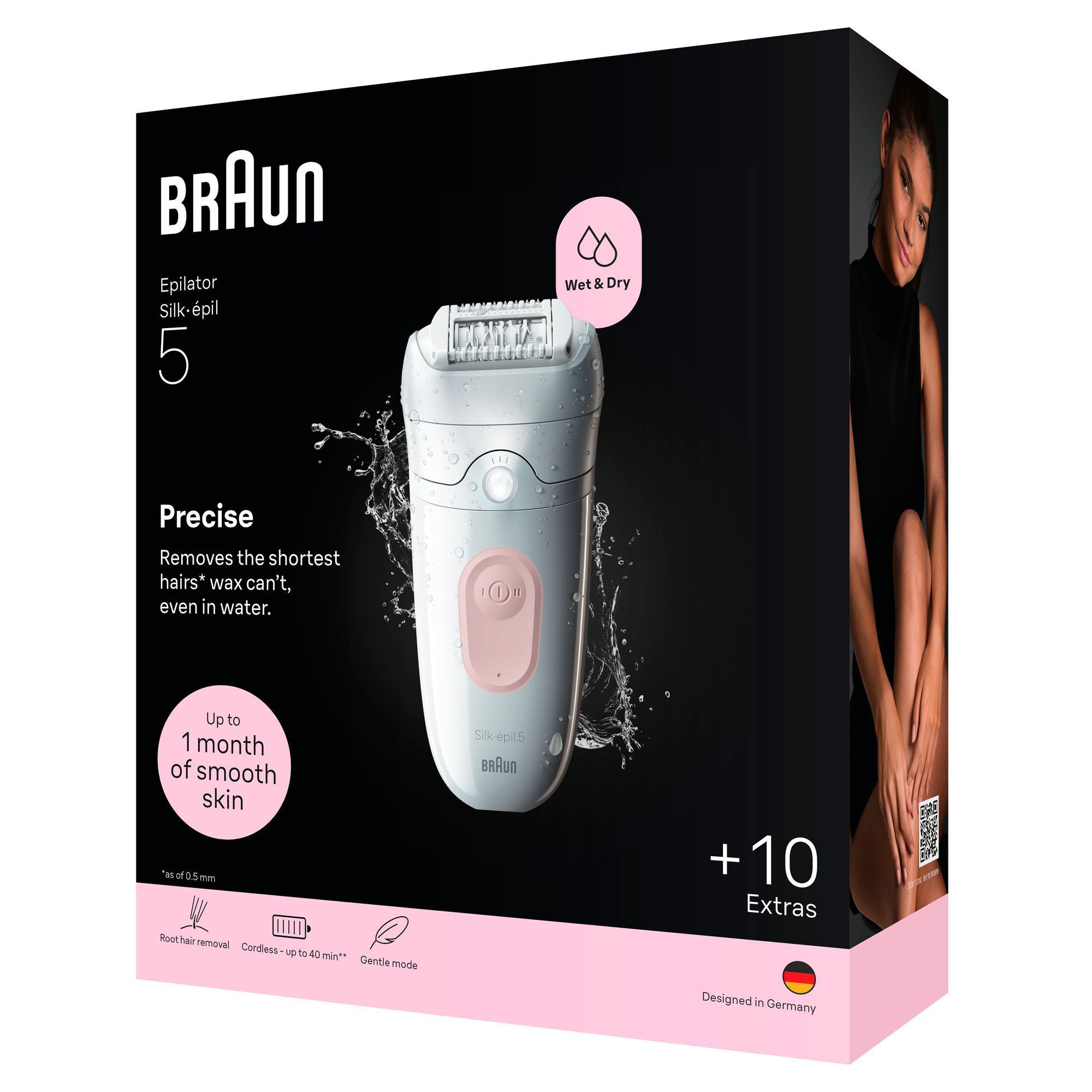 Braun Silk-épil 5 Epilierer Verpackung, zeigt Wet&Dry Funktion und 1 Monat glatter Haut.