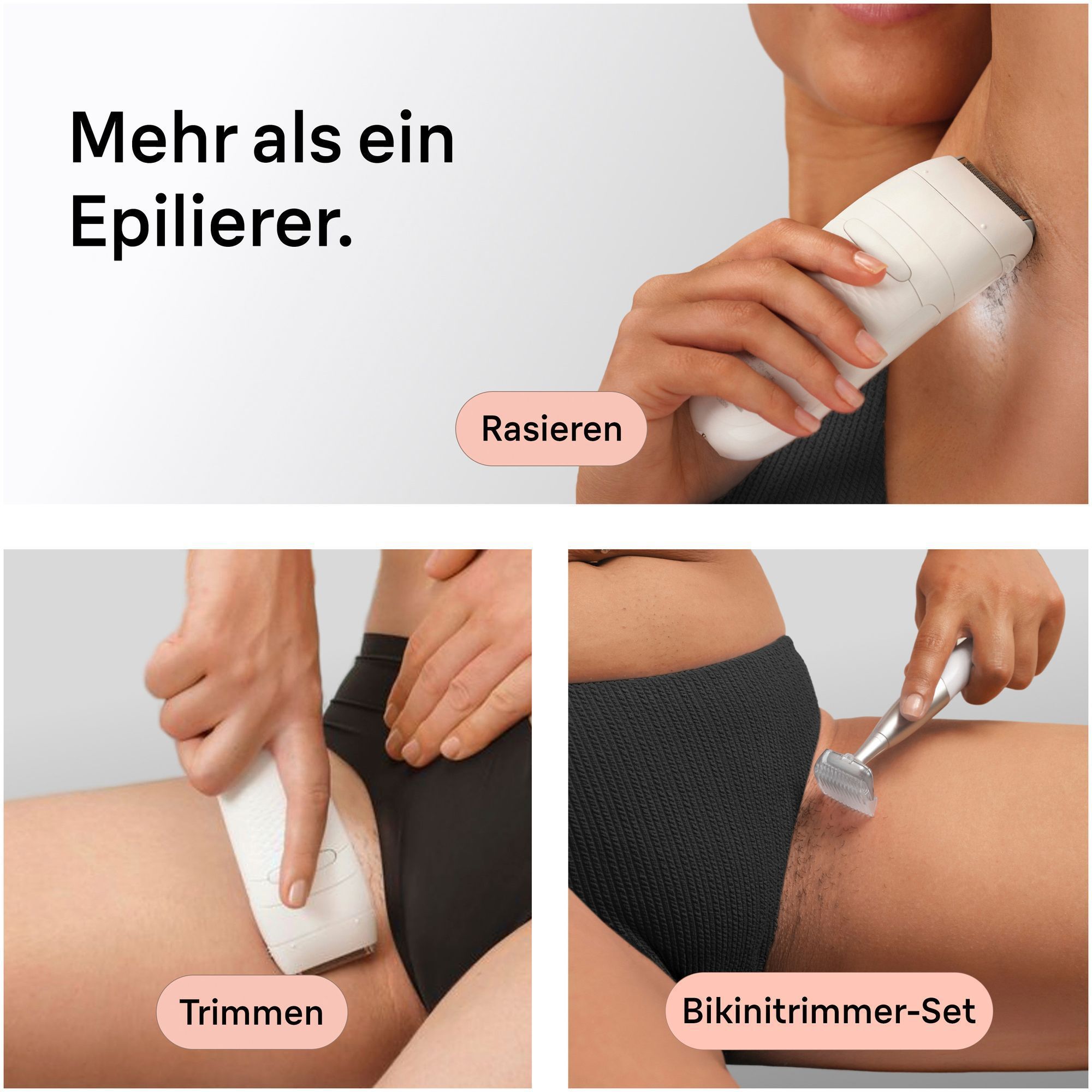 1. Frau verwendet den Trimmeraufsatz im Intimbereich, 2. Rasieraufsatz im Achselbereich, 3. Mini-Körpertrimmer im Intimbereich.