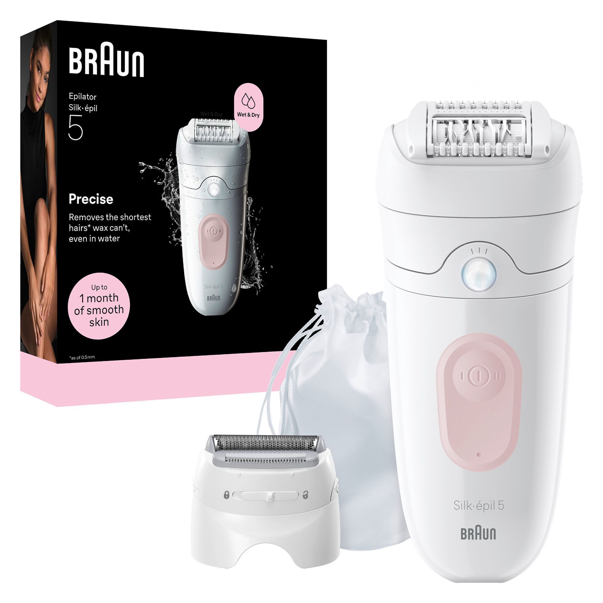 Braun Silk-Ã©pil 5 Epilierer, Verpackung zeigt Wet & Dry und 1 Monat glatte Haut.