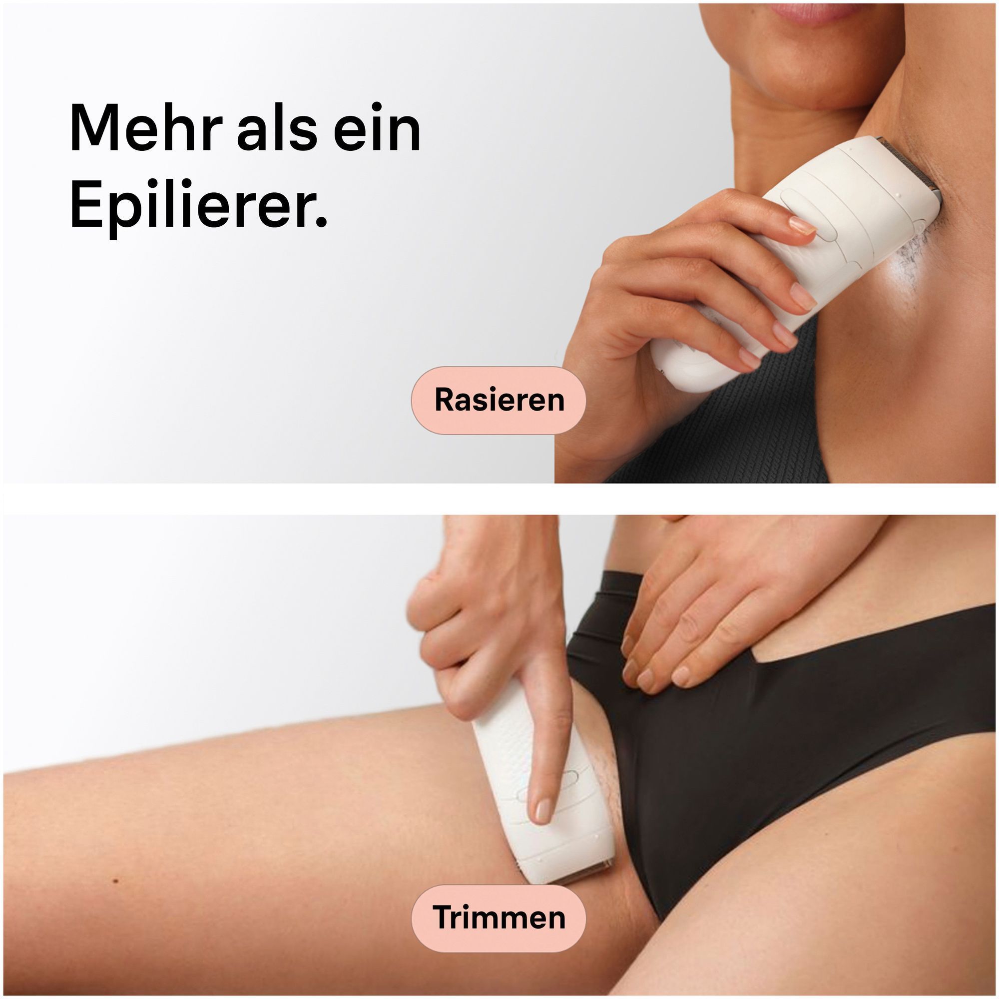 Nahaufnahme einer Frau, die den Trimmeraufsatz im Bikini-Bereich verwendet und den Rasieraufsatz an der Achsel.