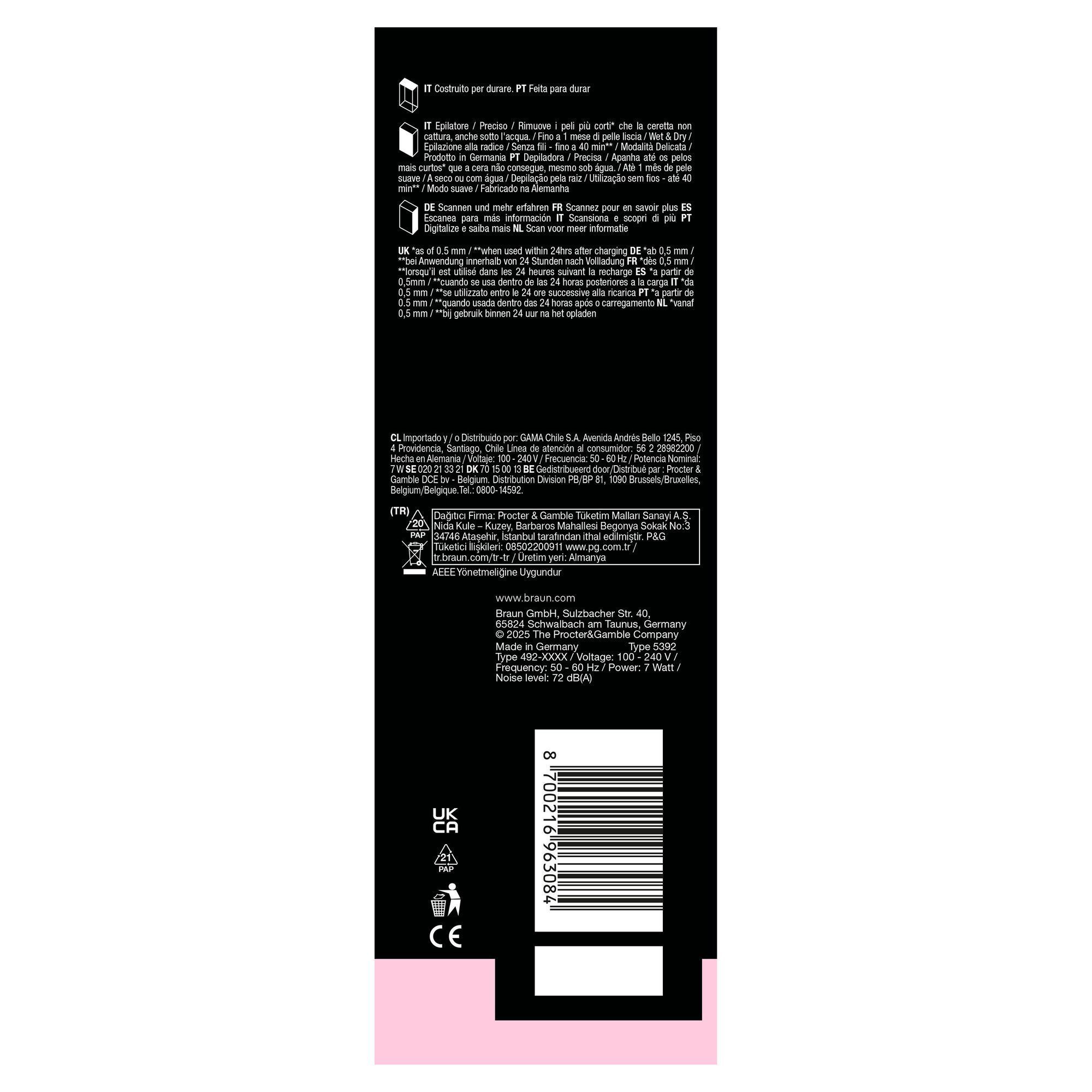 Side panel of Braun Silk-Ã©pil 5 pack with manufacturer address.
