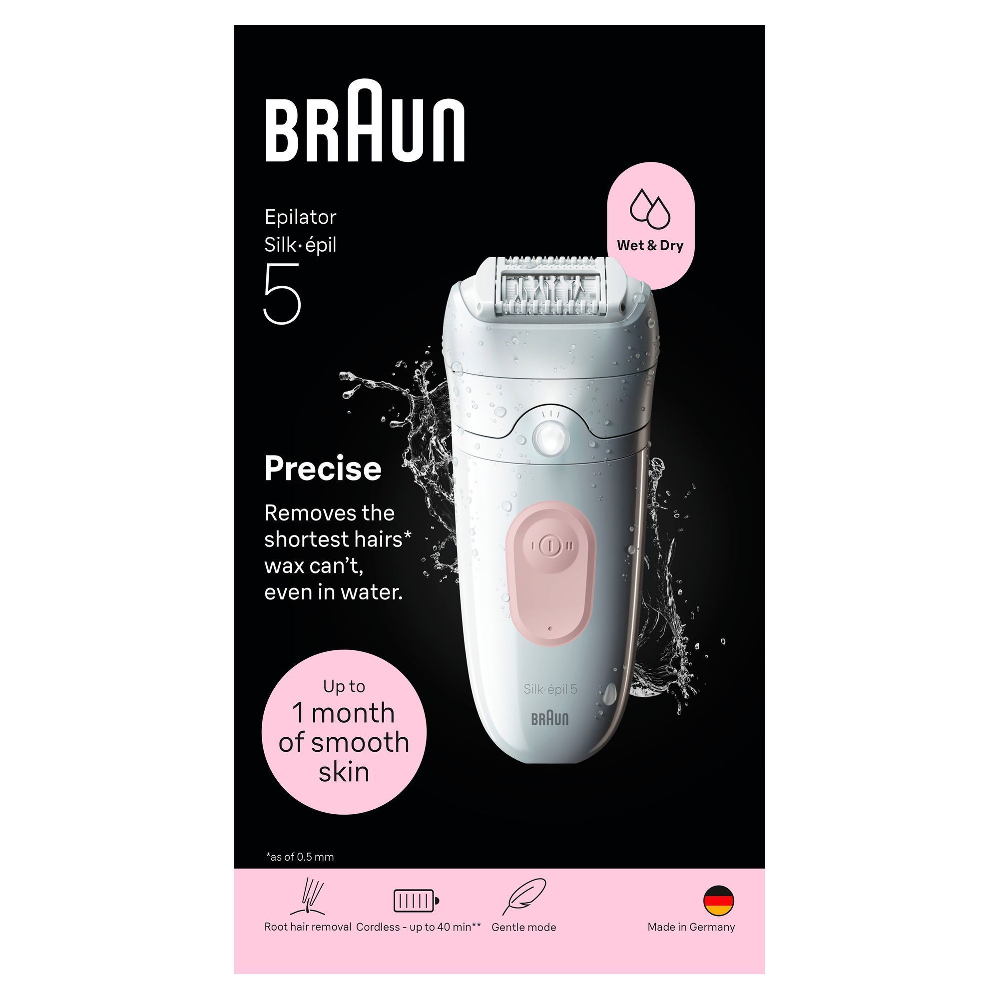 Front-view of Braun Silk-Ã©pil 5 pack with claim "Precise. Removes the shortest hairs wax can't even in water."