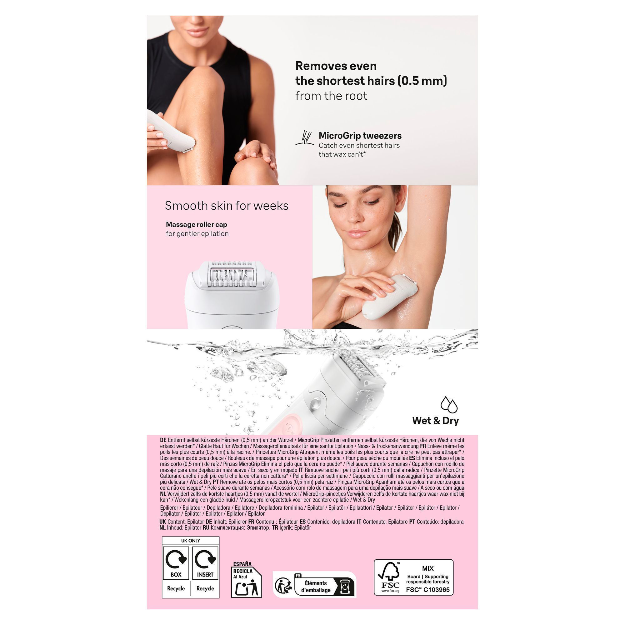 Back panel of the Braunâ¯SilkâÃ©pil 5 pack, featuring images of women using the epilator and showcasing all of the SilkâÃ©pil 5's features.
