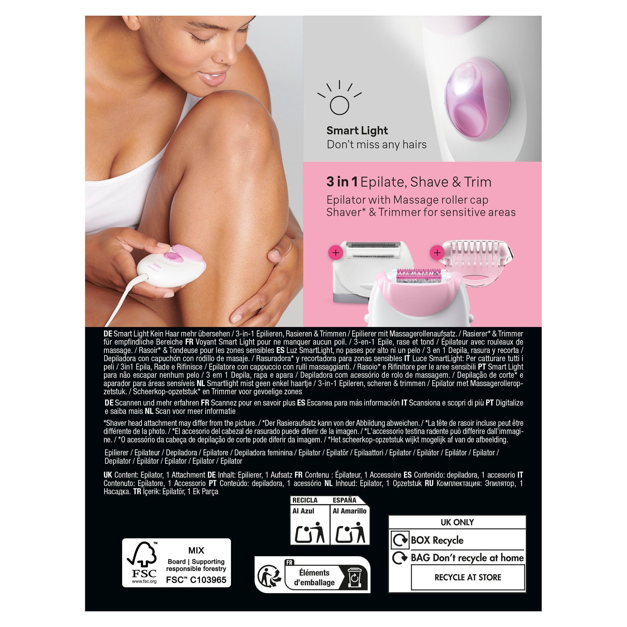 Back panel of Braun Silk-Ã©pil 3 pack with image of a woman using the epilator and images featuring SmartLight, massage roller cap, trimmer and shaver.