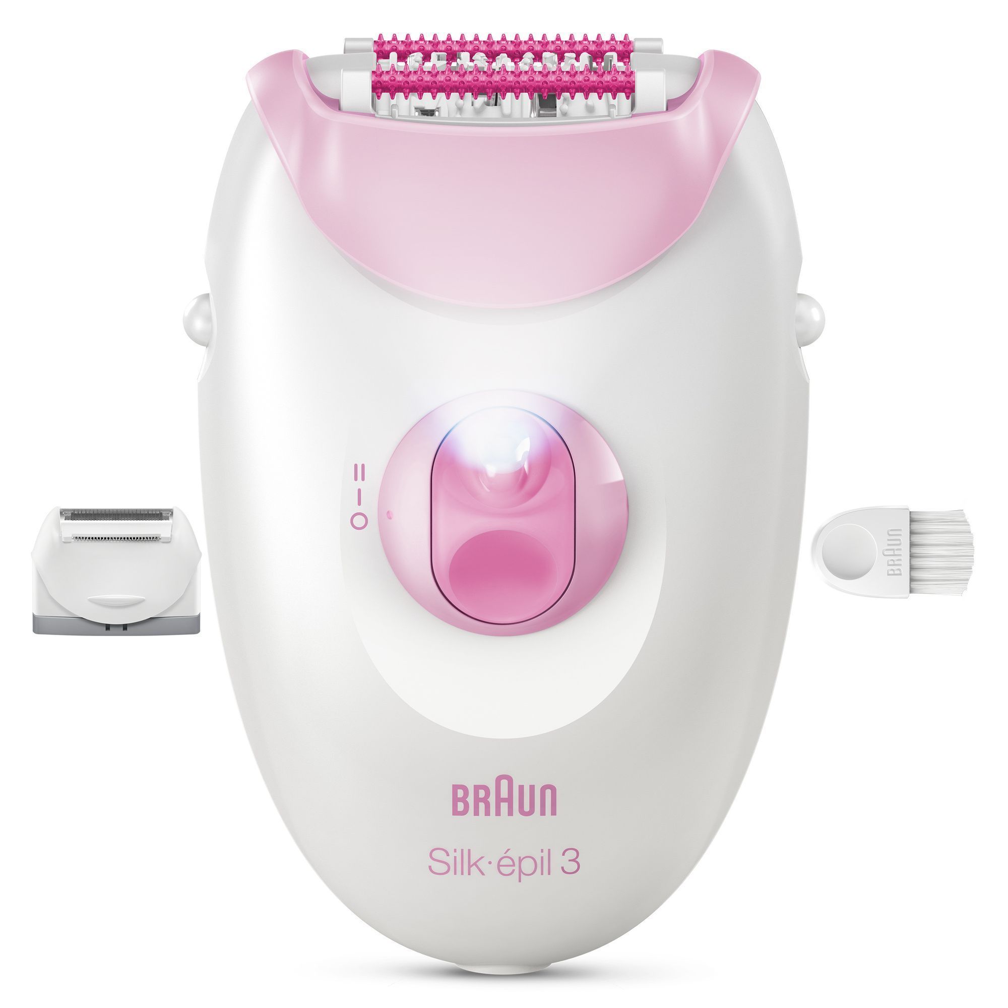 Front view product rendering of Silk-Ã©pil 3 with cleaning brush, shaver head and trimmer comb next to the rendering on white background.