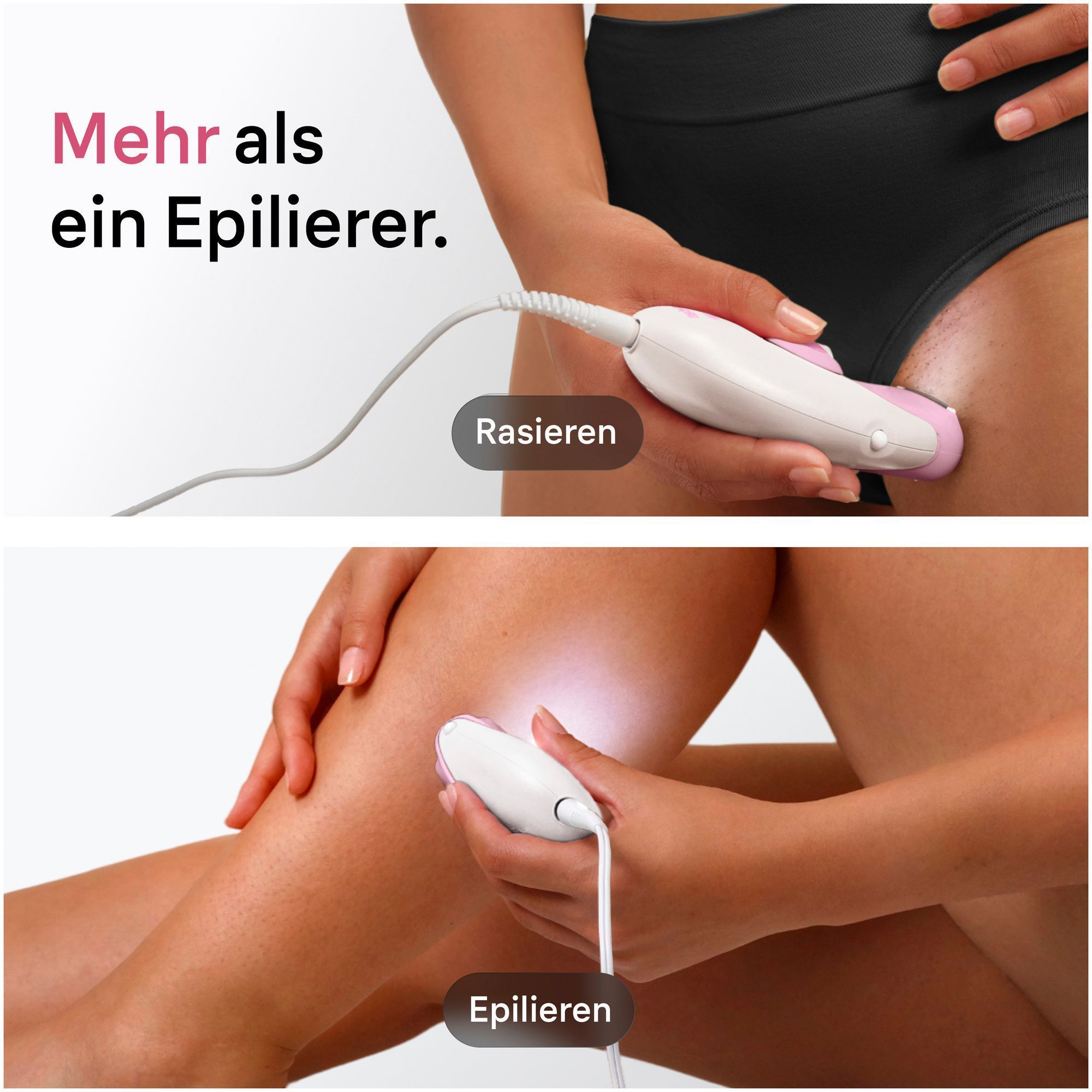 1. Frau, die den Rasieraufsatz im Bikinibereich verwendet, und 2. den Epilierer am Unterschenkel.