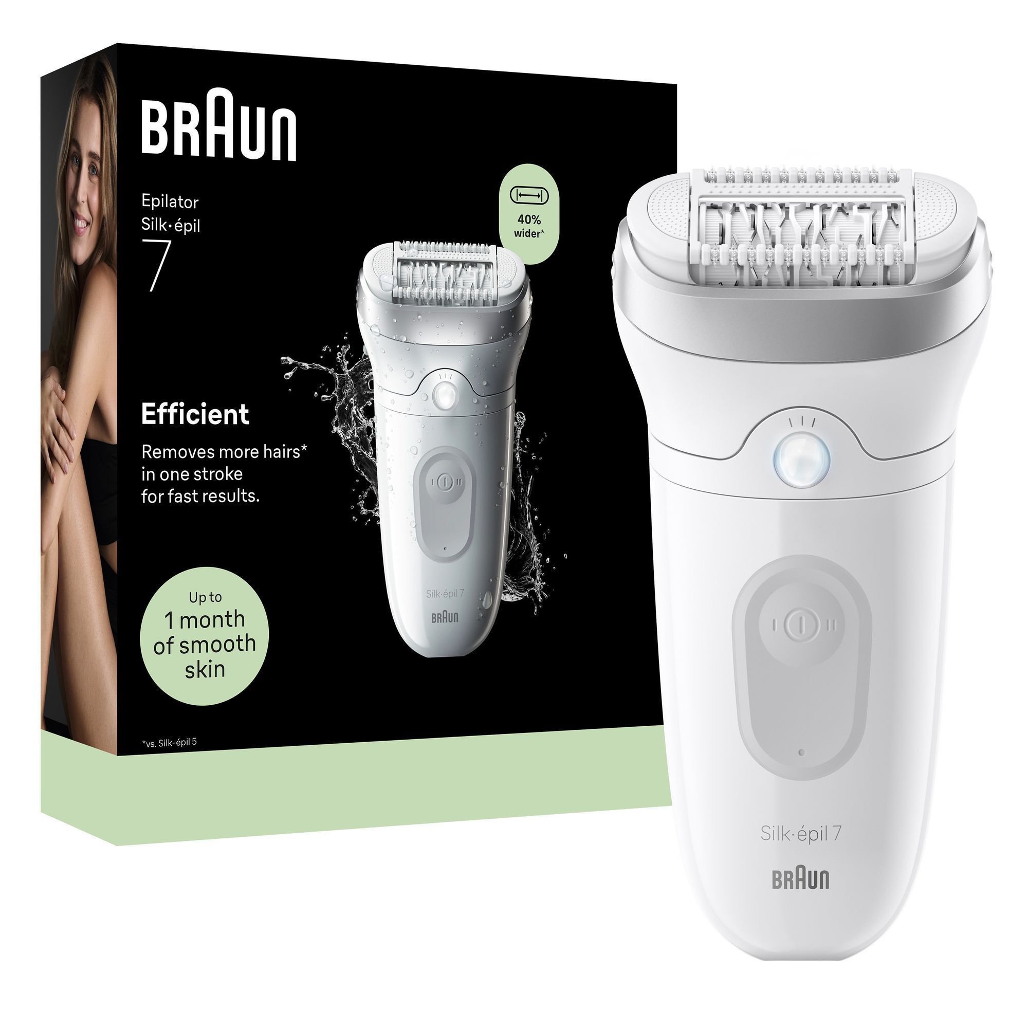 Braun Silk-Ã©pil 7 Epilierer & Verpackung, bewirbt bis zu 1 Monat glatte Haut.