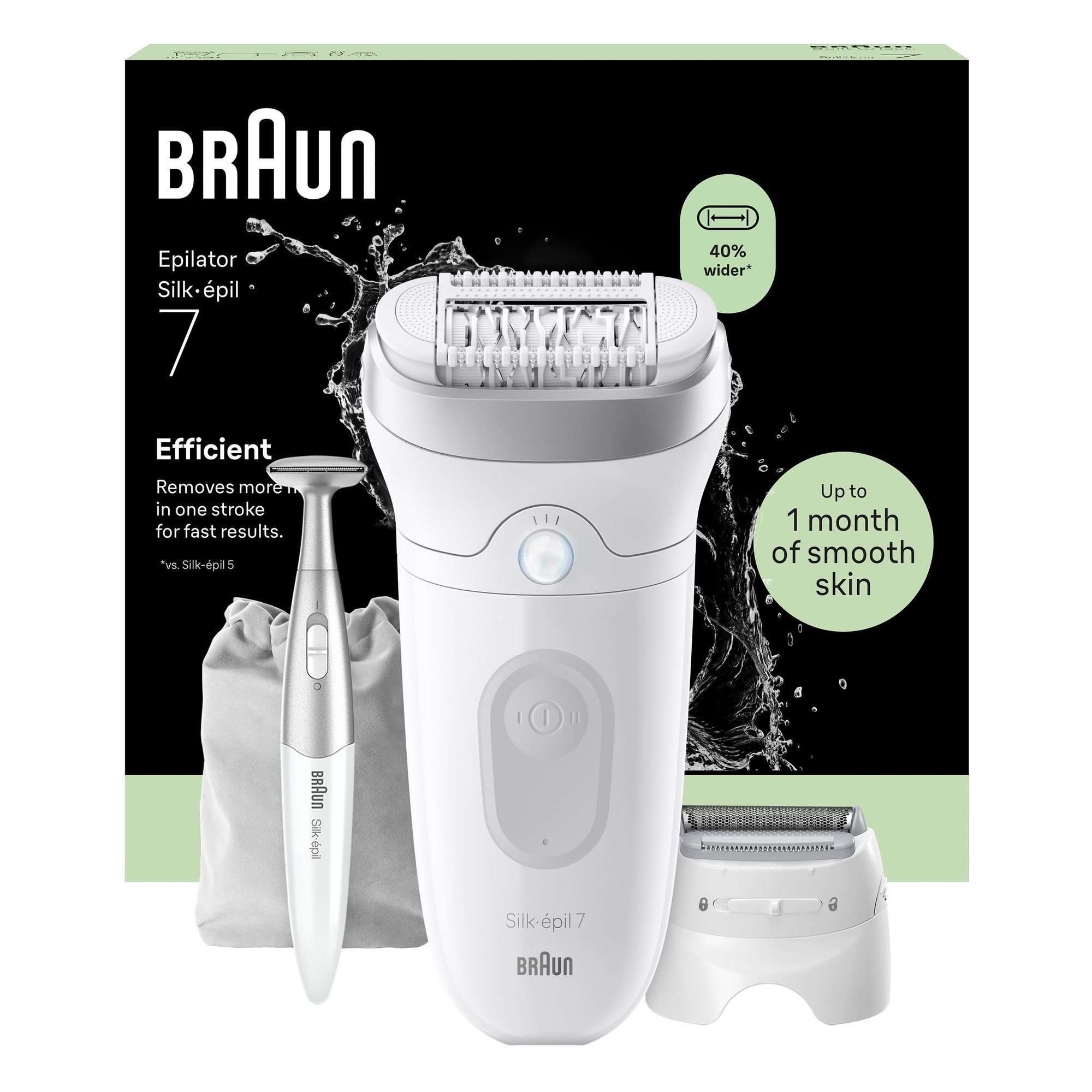 Front view product rendering of Silk-Ã©pil 7, pouch, bikini trimmer and shaver head with Packaging shot behind rendering on white background.