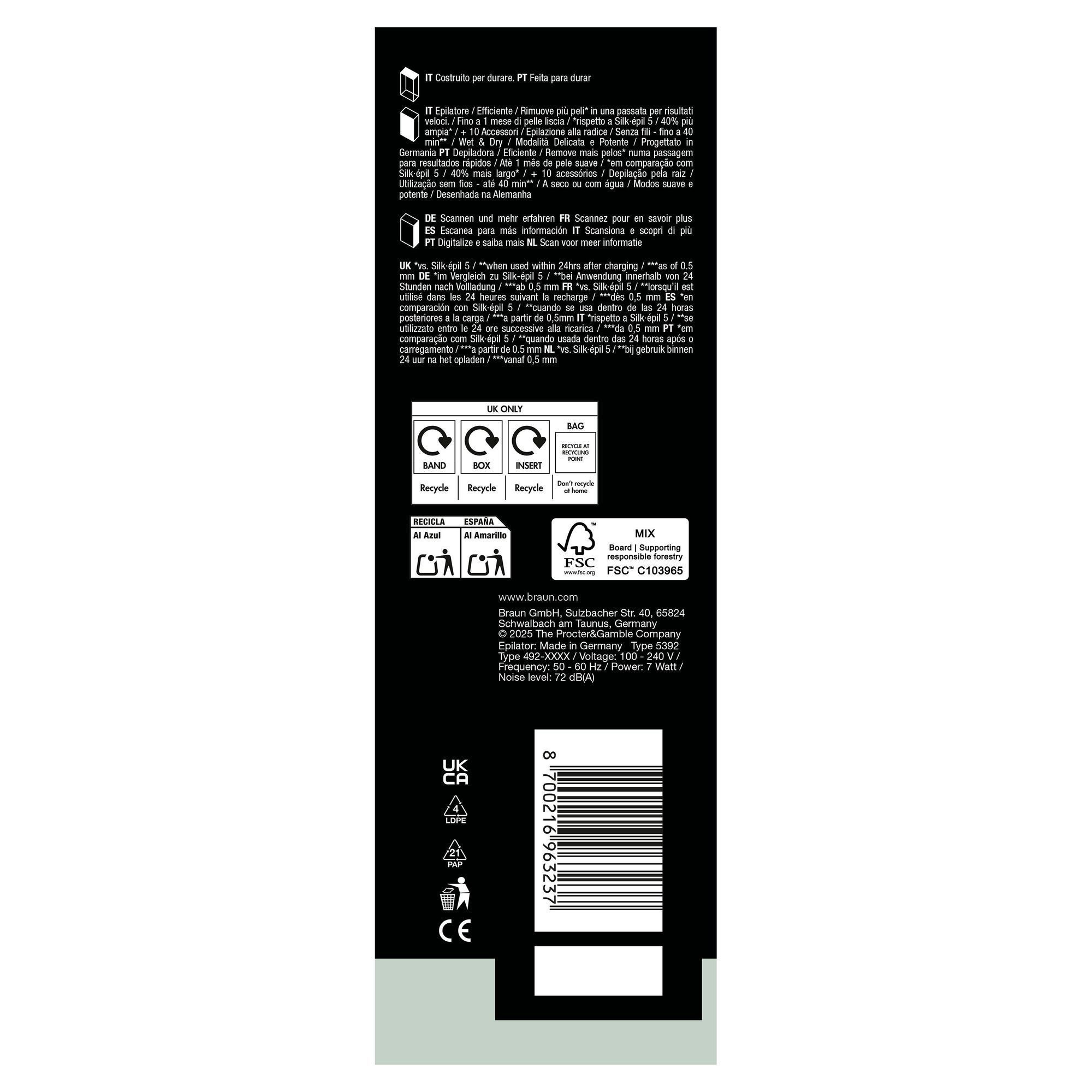Side panel of Braun Silk-Ã©pil 7 pack with manufacturer address.