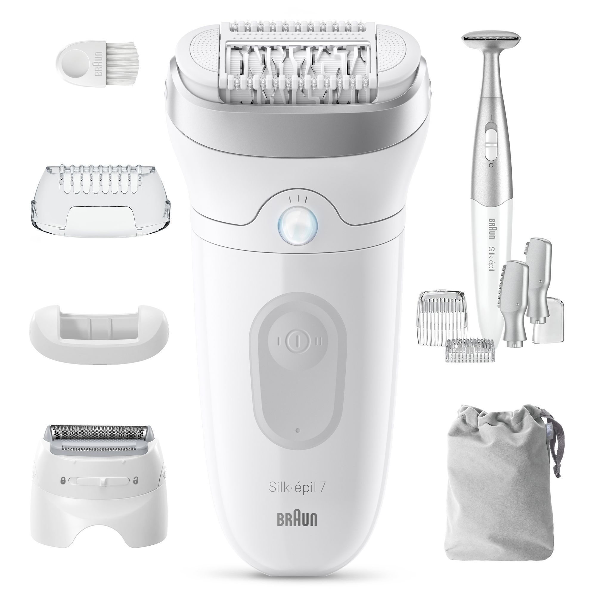 Front view of Silk-Ã©pil 7 with cleaning brush, pouch, skin contact cap, shaver head, trimmer comb, bikini trimmer and attachments next to device.