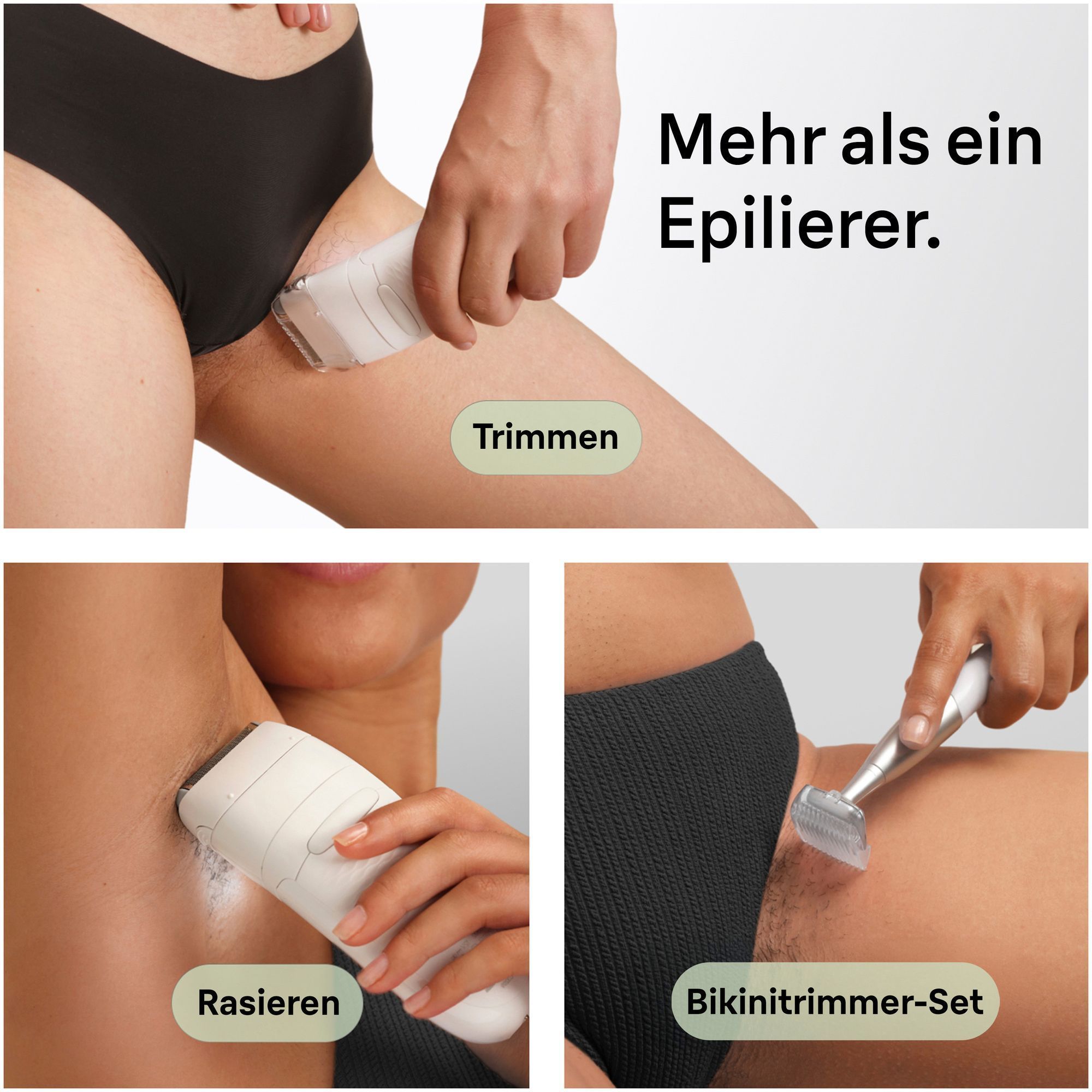 1. Frau verwendet den Trimmeraufsatz im Intimbereich, 2. Mini-Bikini-Trimmer im Intimbereich.