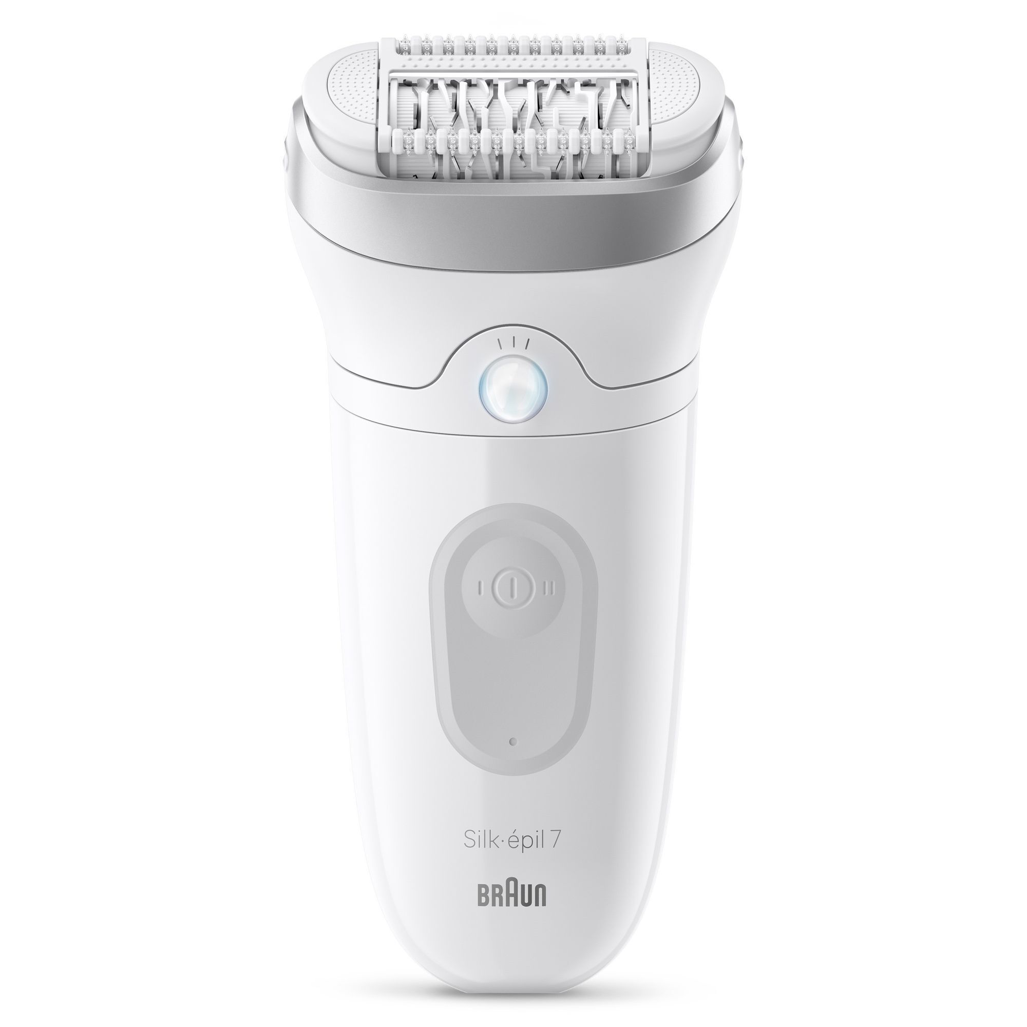 Braun Silk-Ã©pil 7 Epilierer mit sichtbarem Epilierkopf und blauer Betriebsanzeige.