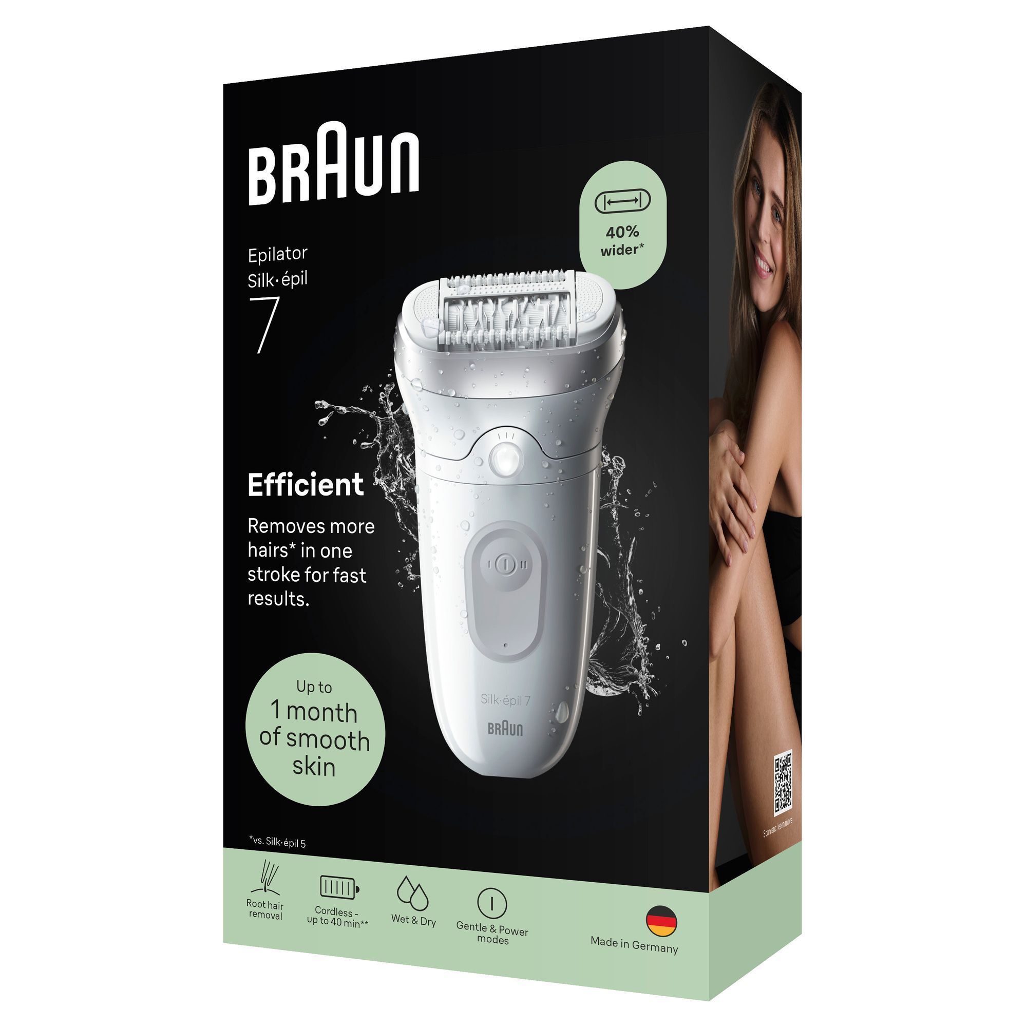 Braun Silk-épil 7 Epilierer Verpackung, hebt 40% breiter hervor.