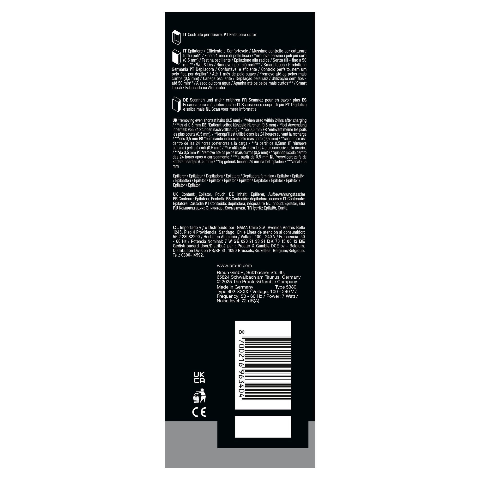 Bottom panel of Braun Silk-Ã©pil 9 pack with Braun adresses for multiple countries.
