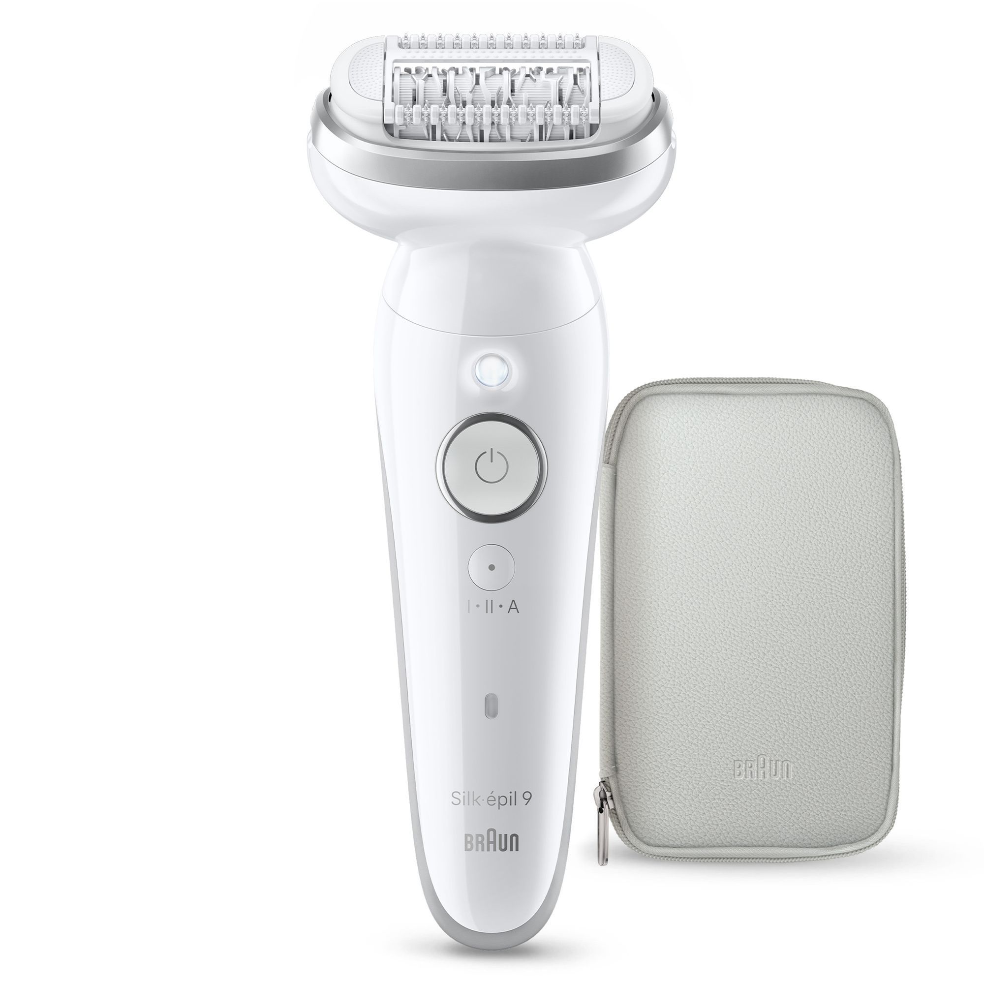 Front view product rendering of Silk-Ã©pil 9 with pouch on white background.