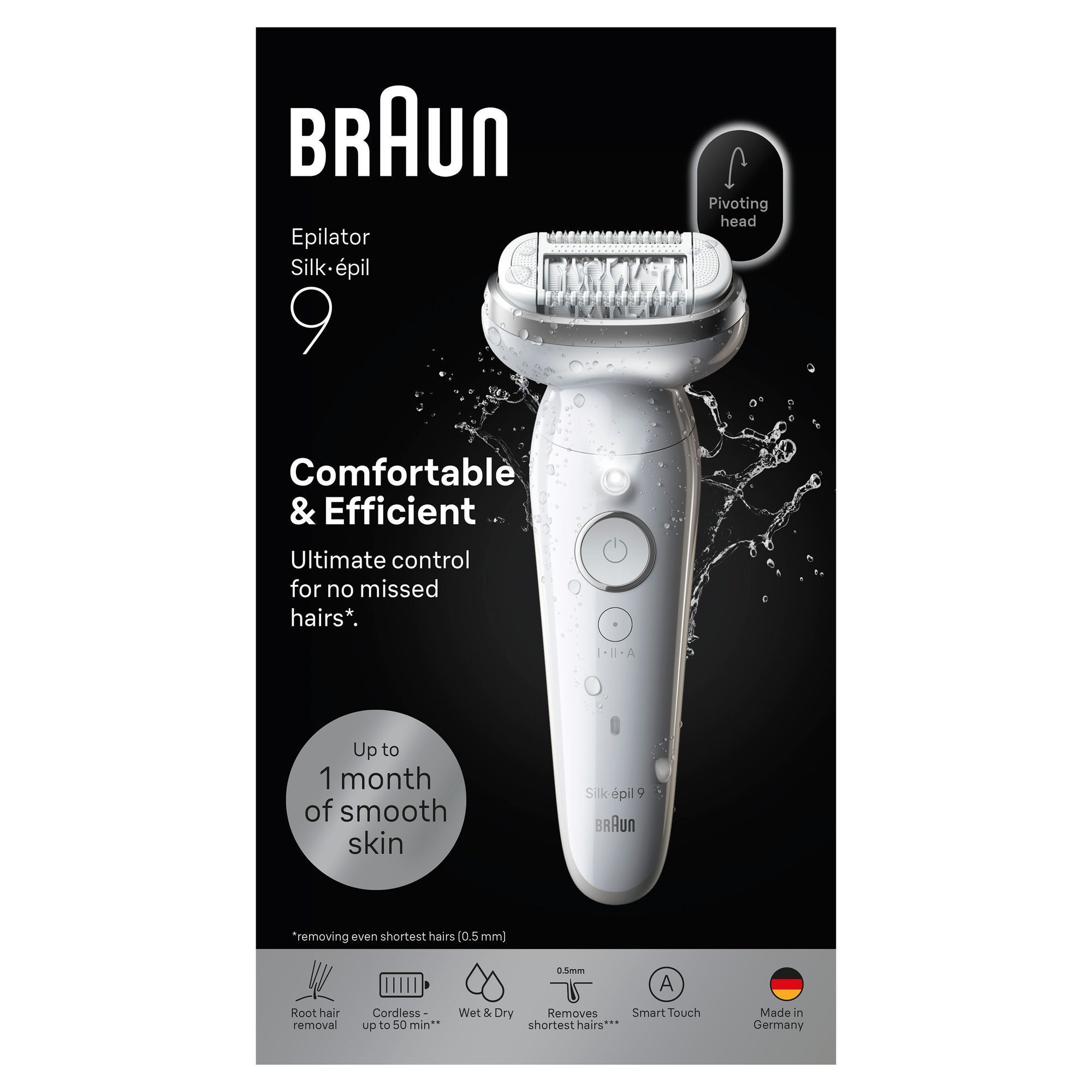 Back panel of the Braunâ¯SilkâÃ©pil 9 pack, featuring images of women using the epilator and showcasing all of the SilkâÃ©pil 9's features.