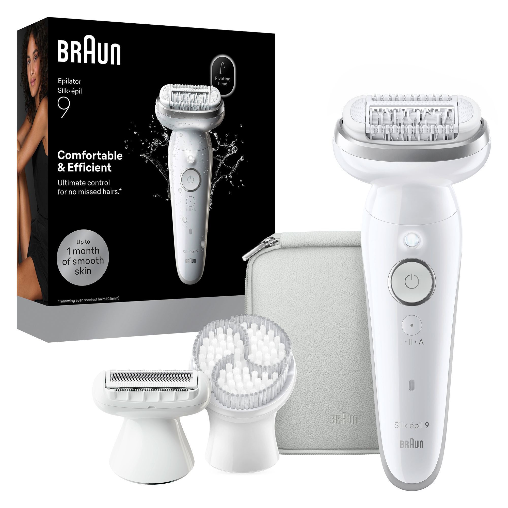 Braun Silk-Ã©pil 9 Epilierer mit Schwenkkopf, Rasieraufsatz und ReinigungsbÃ¼rste.
