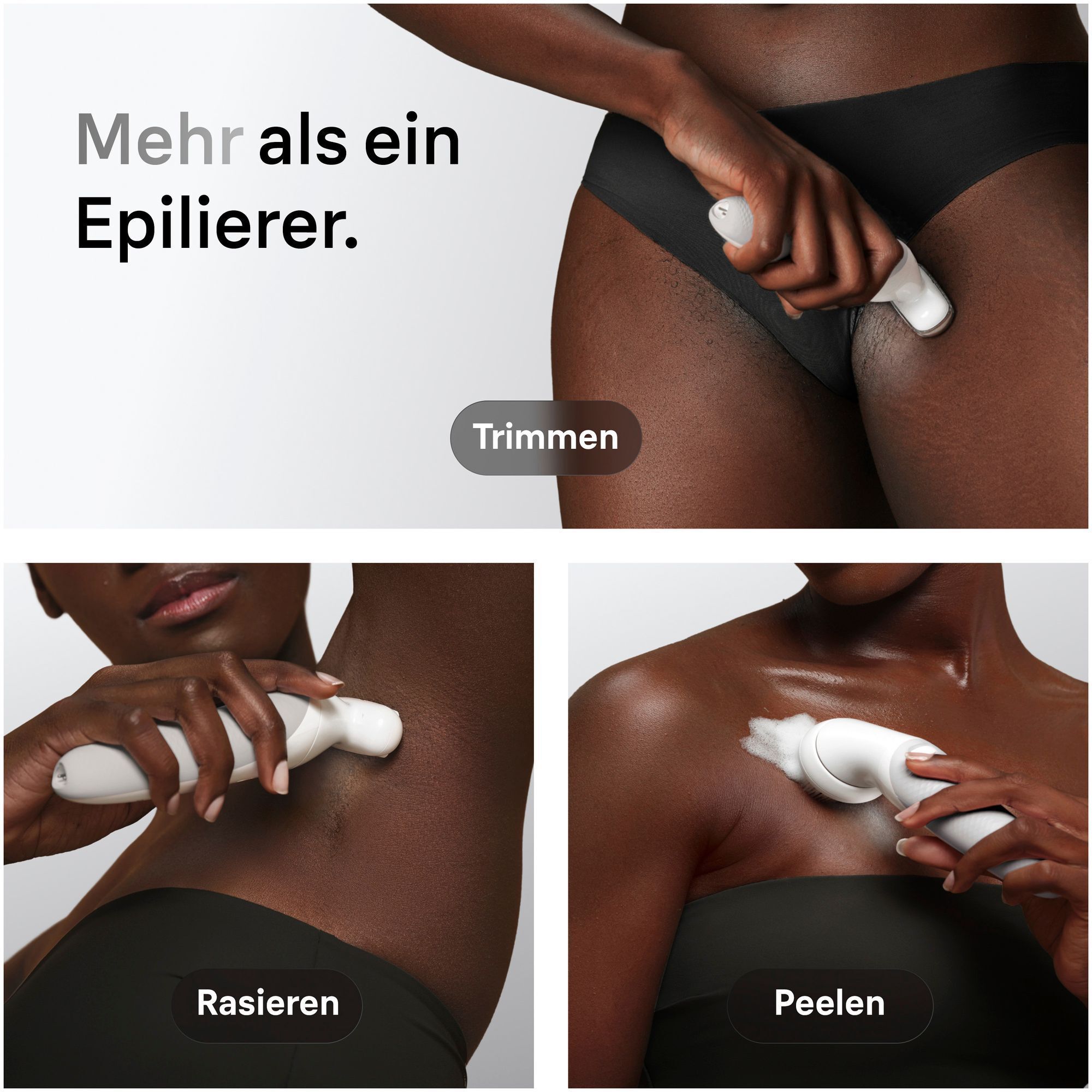 1. Frau verwendet den Trimmeraufsatz im Bikini-Bereich, 2. Rasieraufsatz an der Achsel, 3. Peelingbürste am Dekolleté.