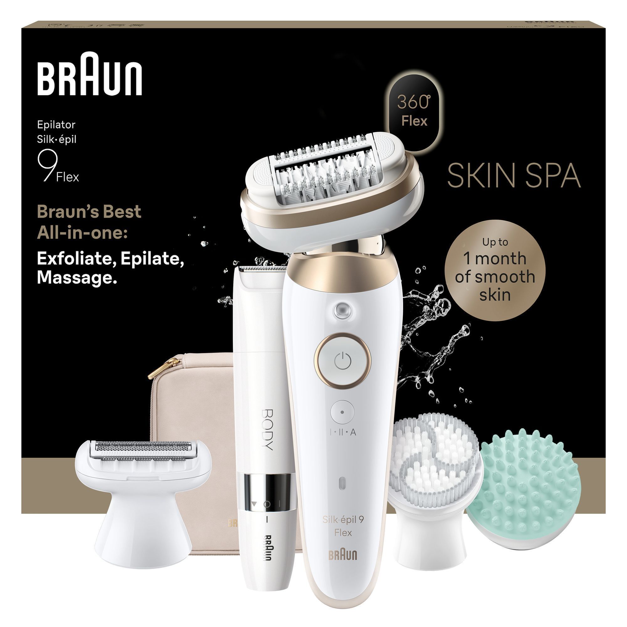 Silk-Ã©pil 9 Flex with pouch, exfoliation brush, shaver head, body trimmer, massage pad and Packaging behind renderings on white background.